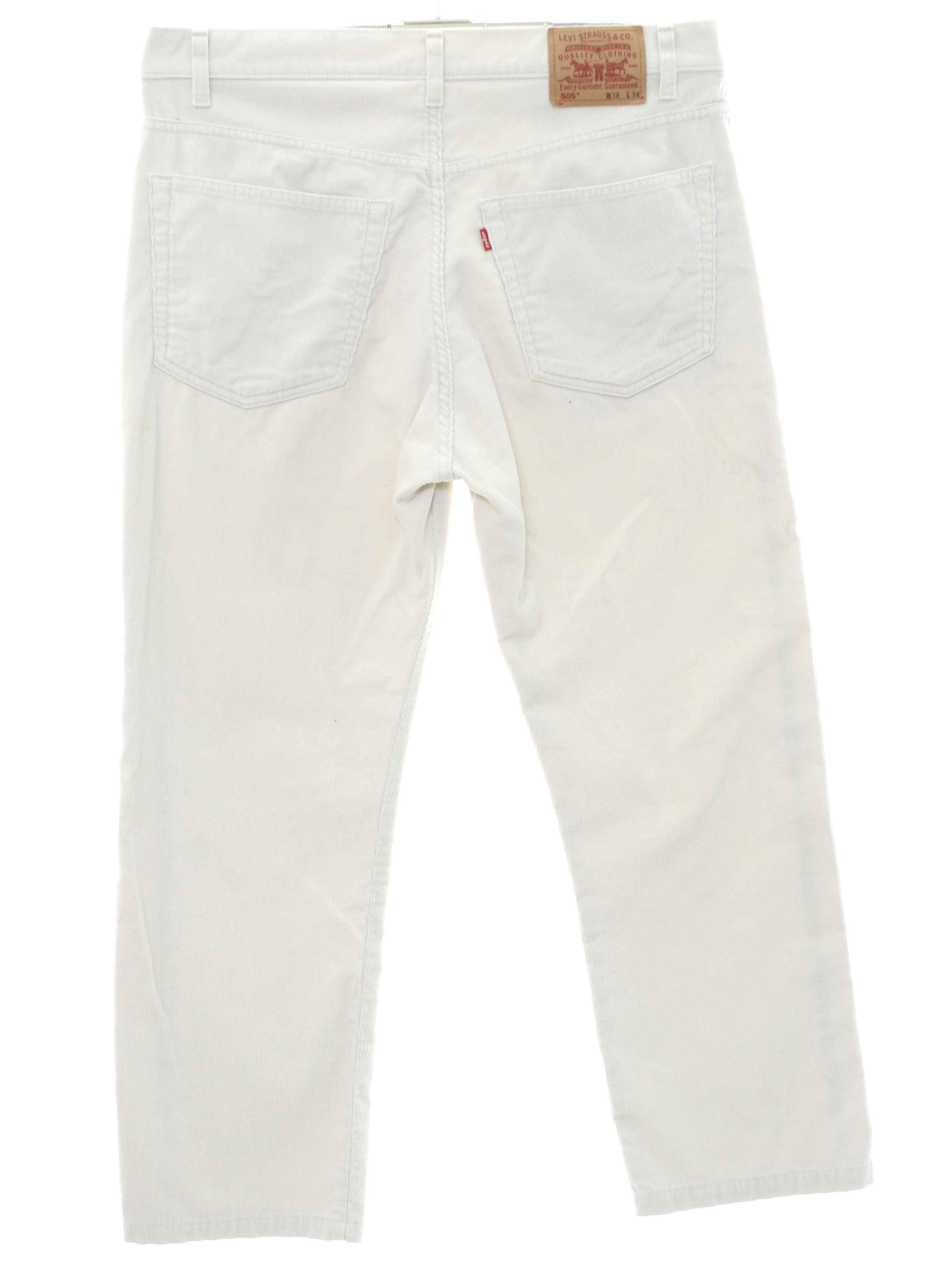 1990's Retro Pants: Late 90s -Levis 505- Mens off white solid colored  cotton polyester corduroy flat front, straight leg corduroy pants with  cuffless hem, classic five pocket styling, two rear patch pockets,