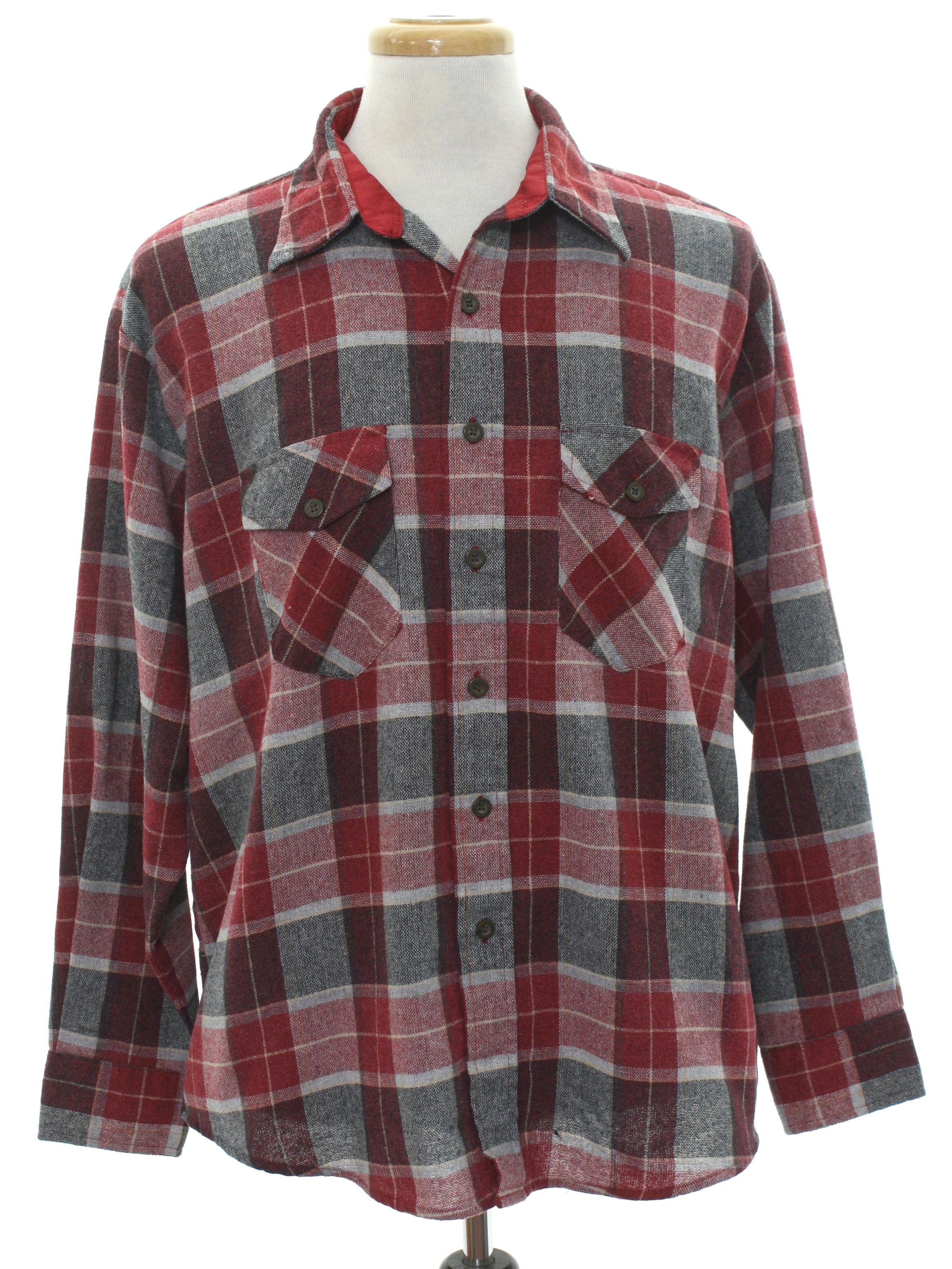 Vintage 1990's Wool Shirt: 90s -Oakton Ltd- Mens muted reds, greys and ...