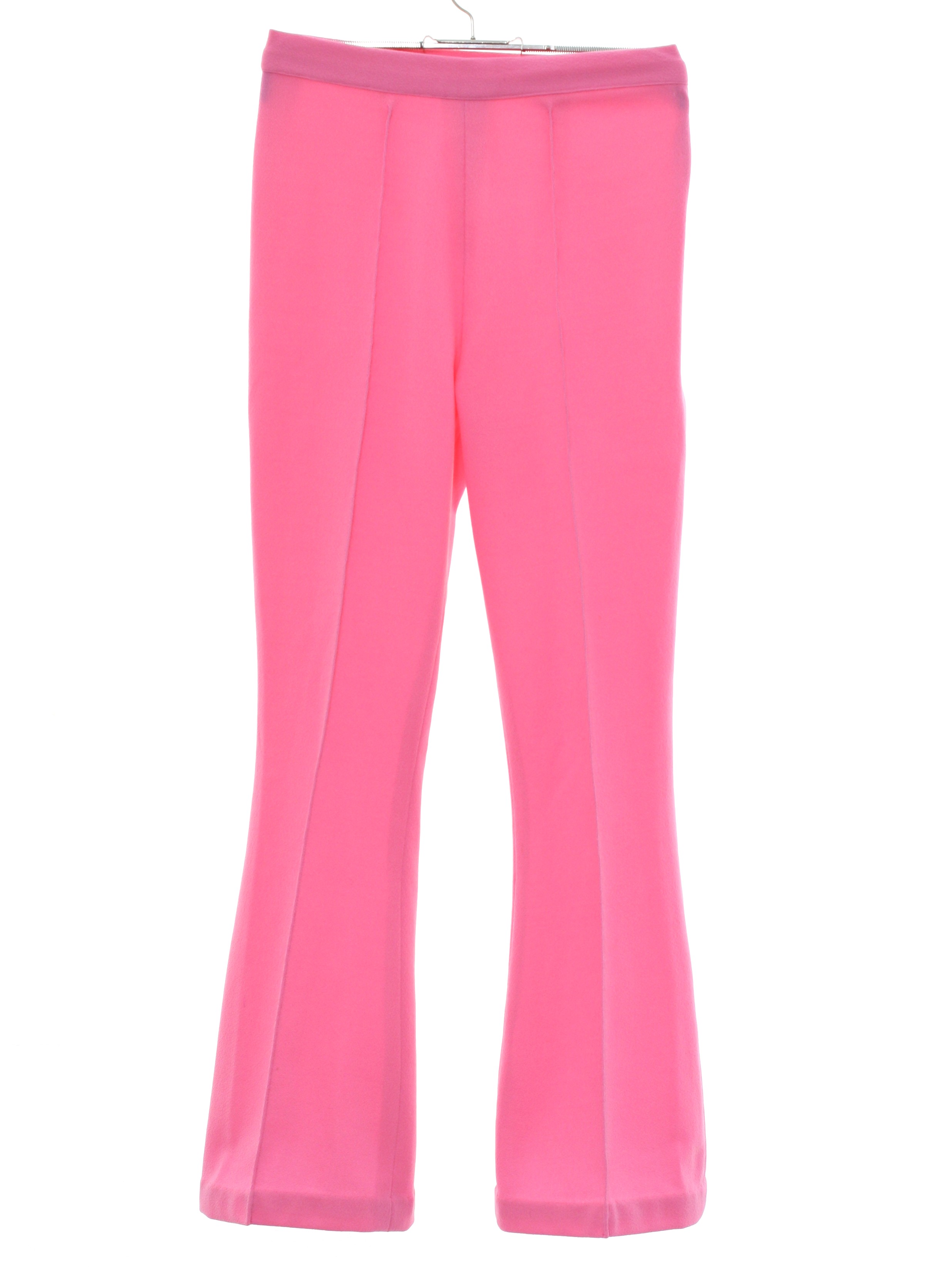 1970's Vintage Flared Pants / Flares: 70s -No Label- Womens bubblegum pink  solid colored polyester doubleknit pleated front knit flared pants with  cuffless hem, no front pockets, no rear pockets, elastic waistline