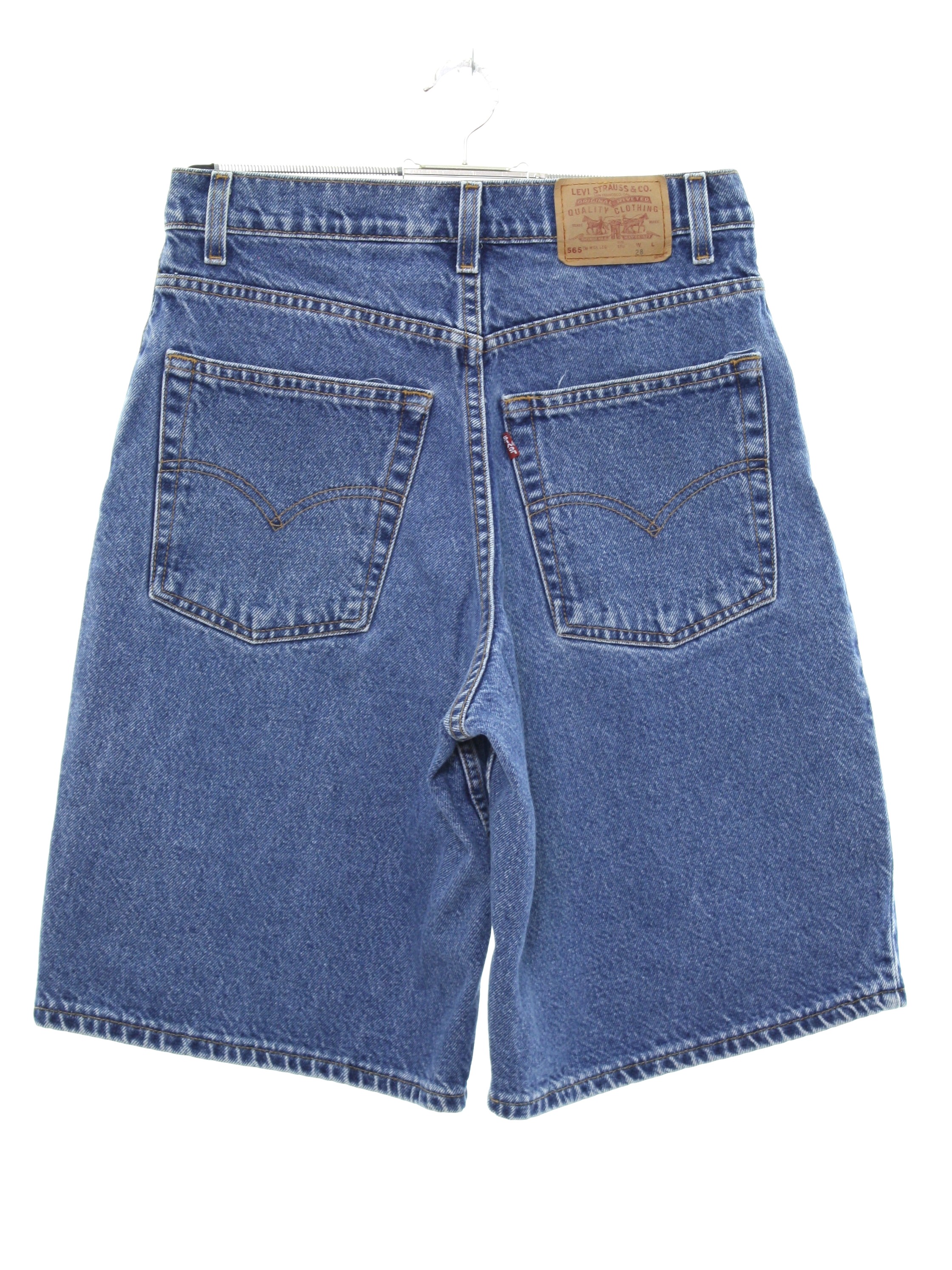 1990's Vintage Levis 565 Wide Leg Student Fit Shorts: Early 90s -Levis 565 Wide  Leg Student Fit- Mens blue cotton denim denim jeans shorts with zipper fly  closure with button. Five pocket