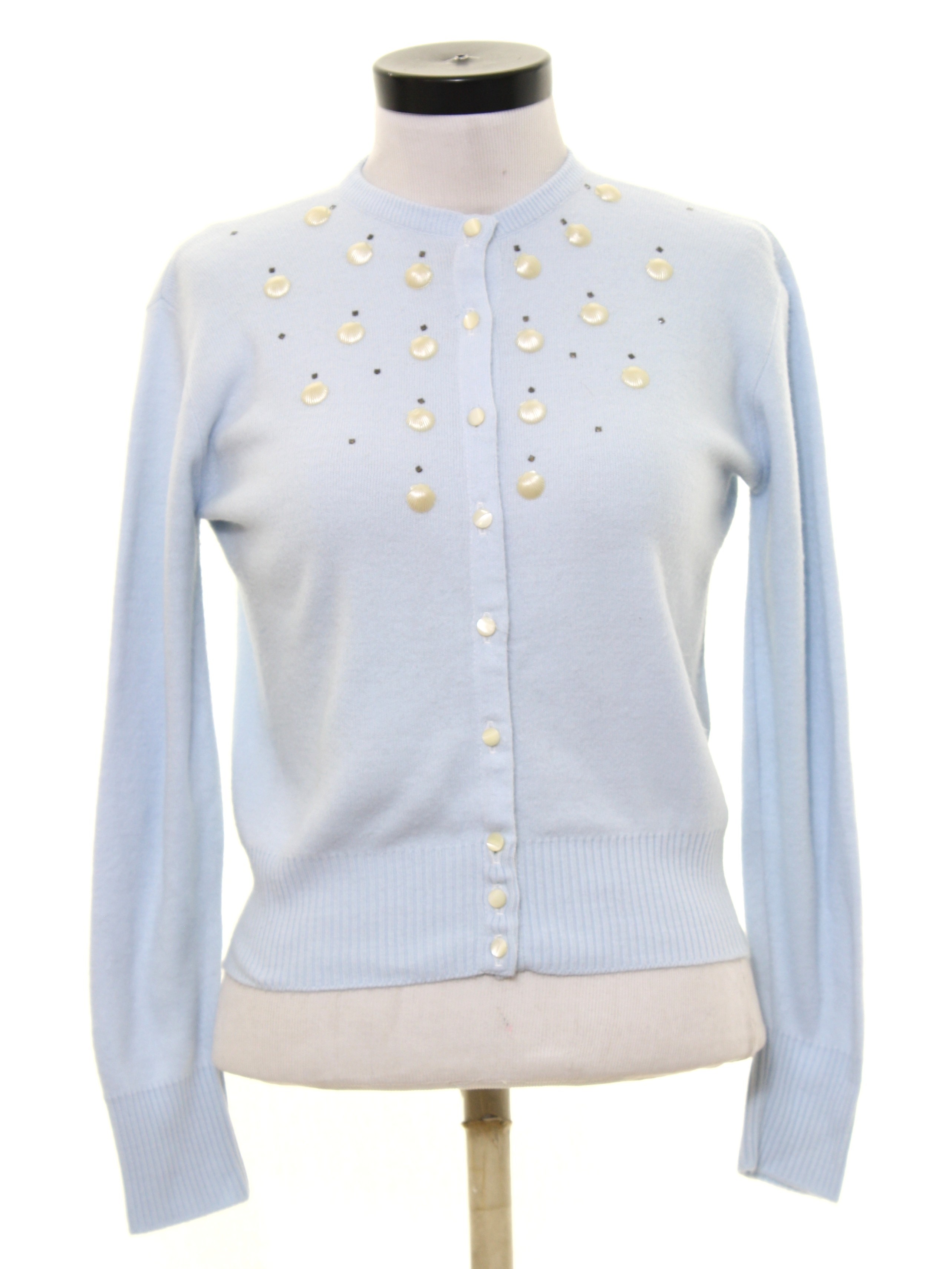 1950s Sweater: Late 50s -No Label- Womens pale blue orlon acrylic knit ...