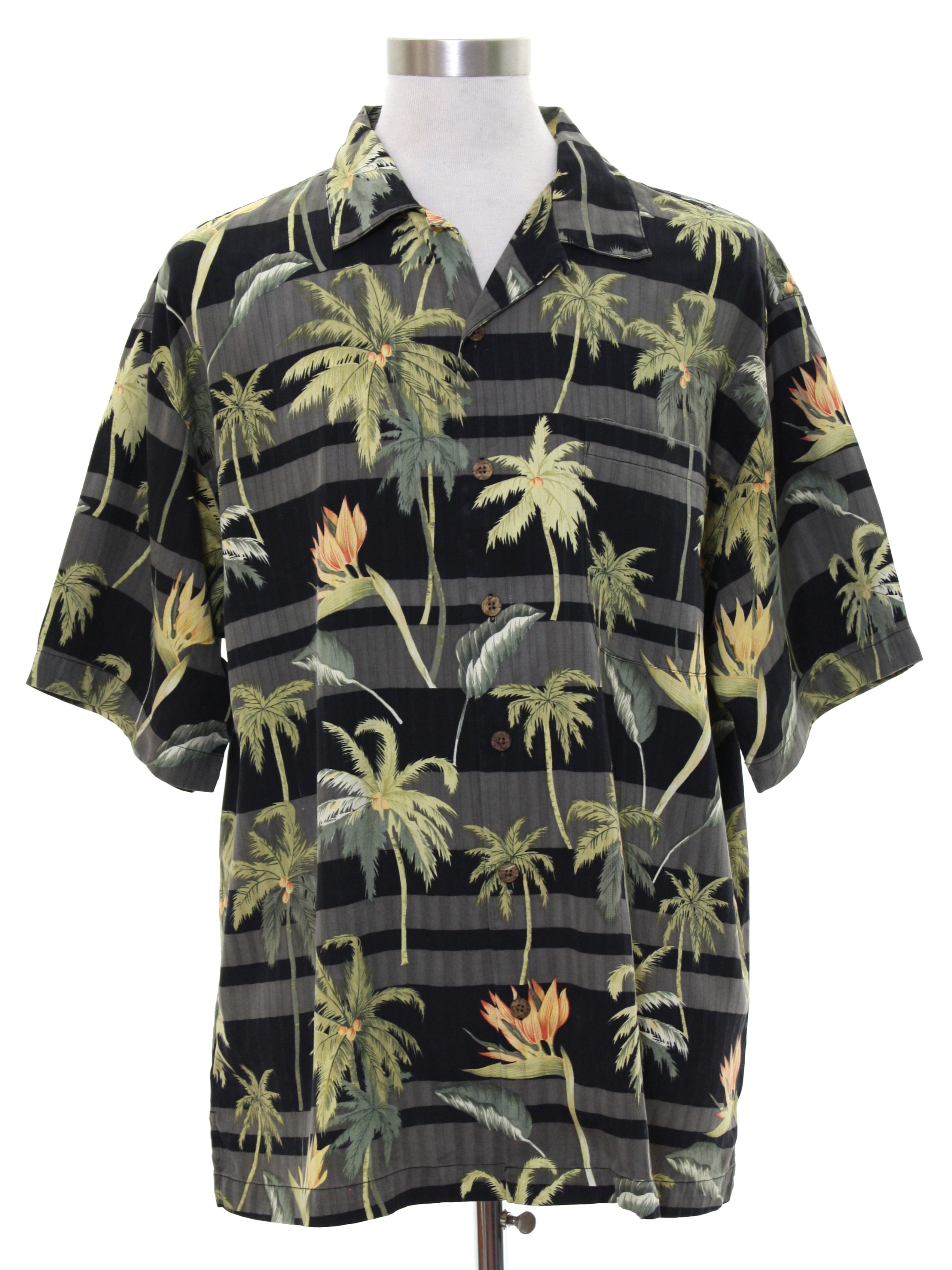 Hawaiian Shirt: 90s -Tommy Bahama- Mens black background silk short ...