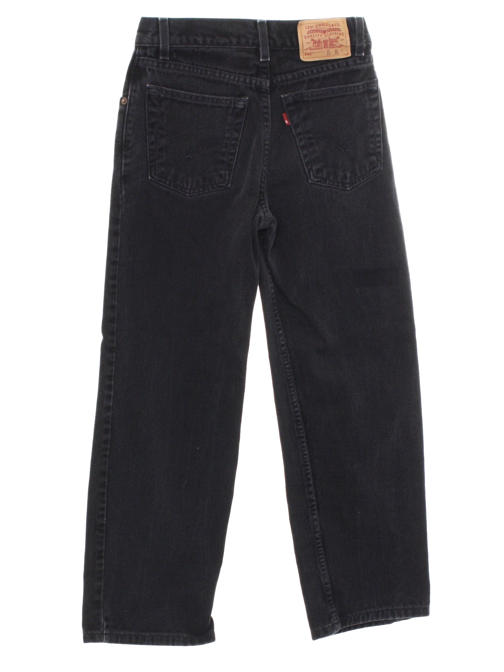 90's Levis 550 Pants: 90s -Levis 550- Womens slightly faded black cotton  denim levis 550 relaxed straight leg denim jeans pants with zipper fly  closure with snap. Five pocket style - front
