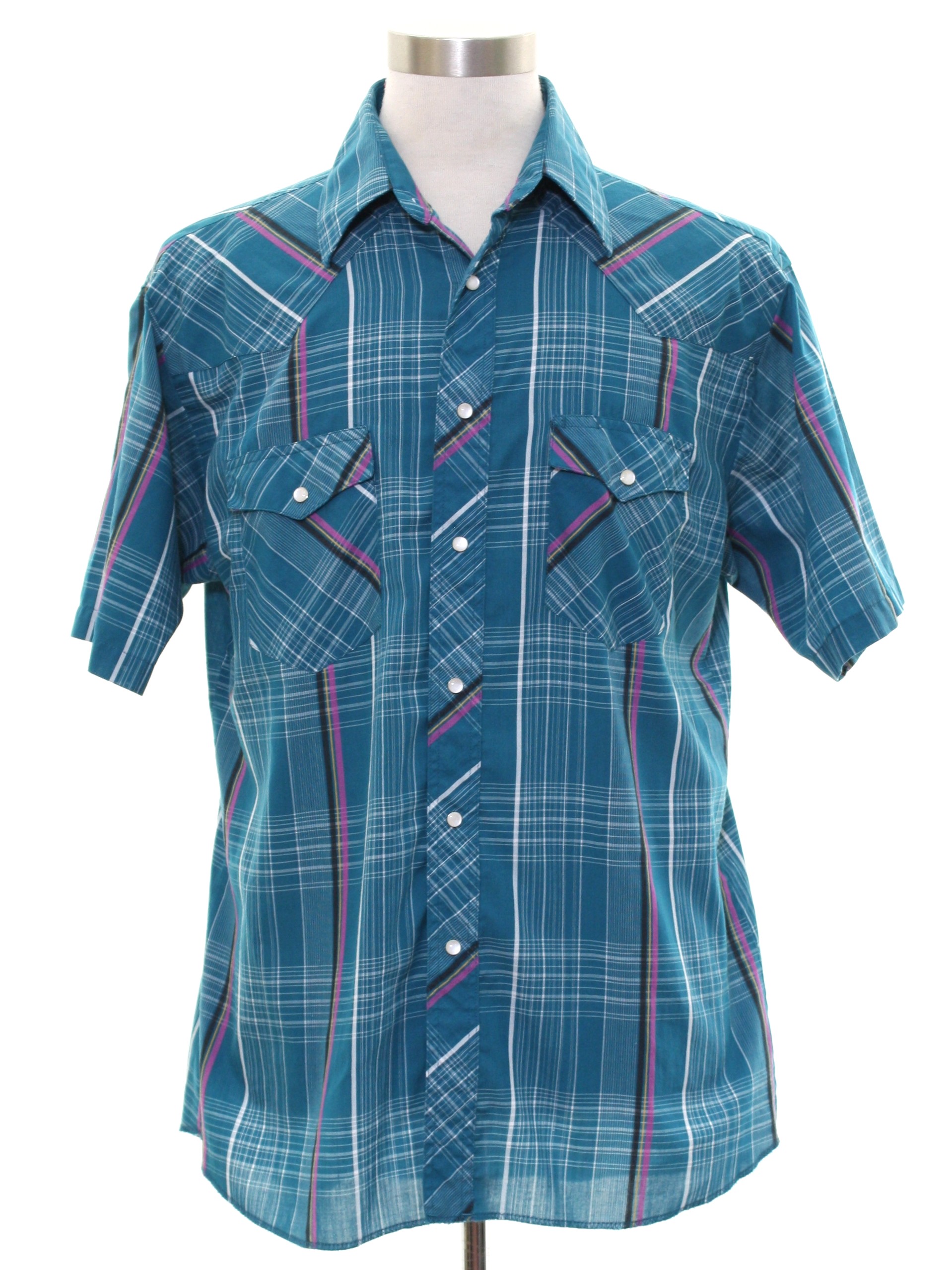 Western Shirt: 90s -Wrangler- Mens teal background polyester cotton ...