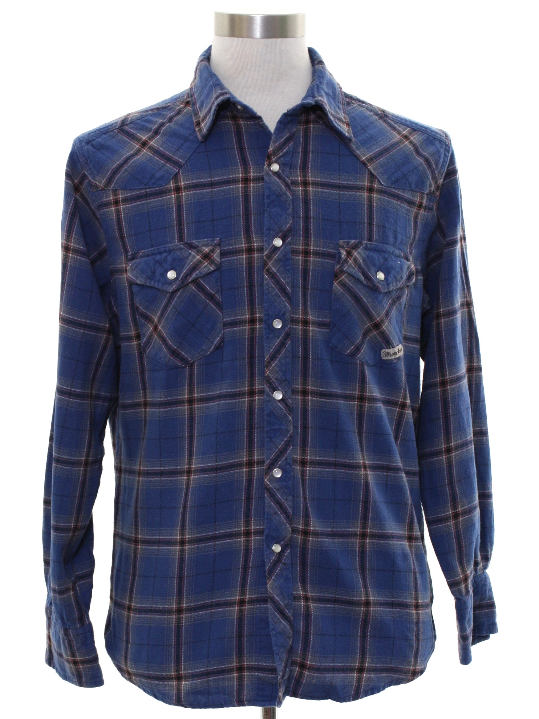 Western Shirt: 90s -Wrancher- Mens slate blue background cotton flannel ...