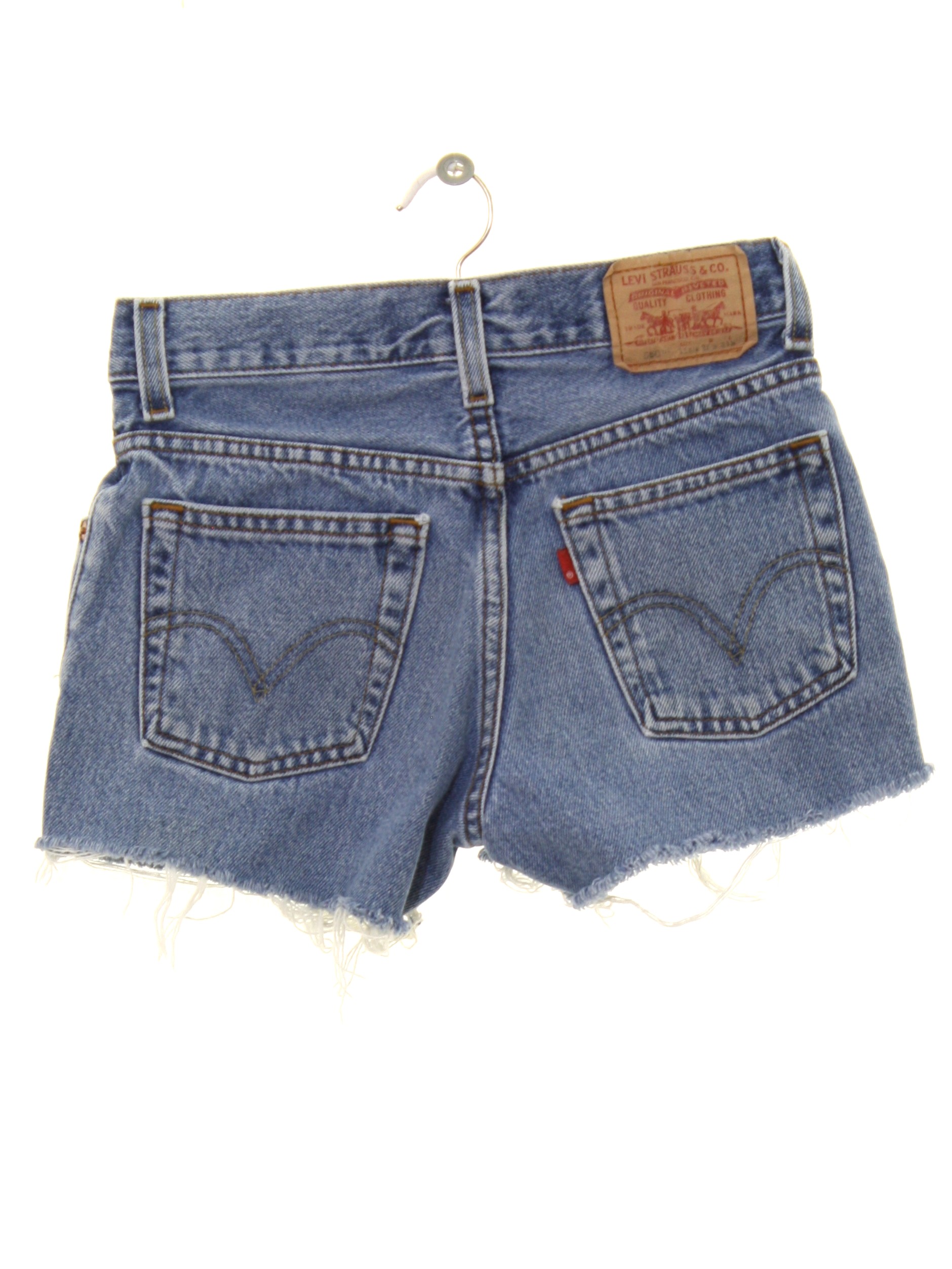 90s Retro Shorts: Late 90s -Levis 550- Womens/Girls light faded blue wash  cotton cutoff denim Levis 550 shorts. Classic 5 pocket style, standard size  belt loops, and zipper fly closure with button.