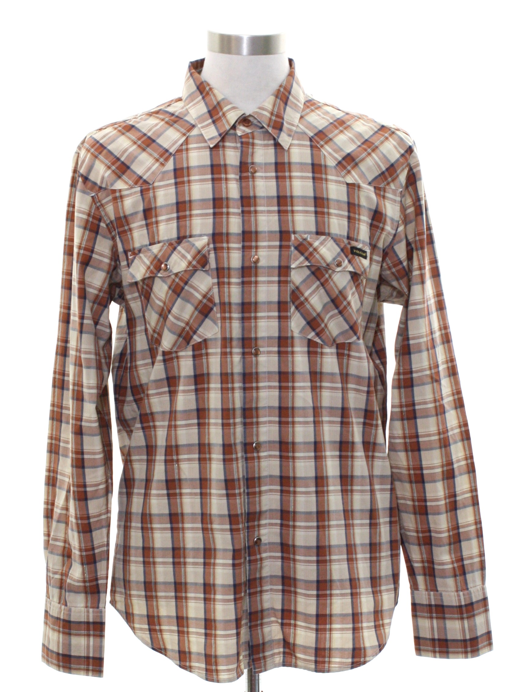 Western Shirt: 90s -Volcom Designs- Mens tan, rusty brown, blue, gold ...