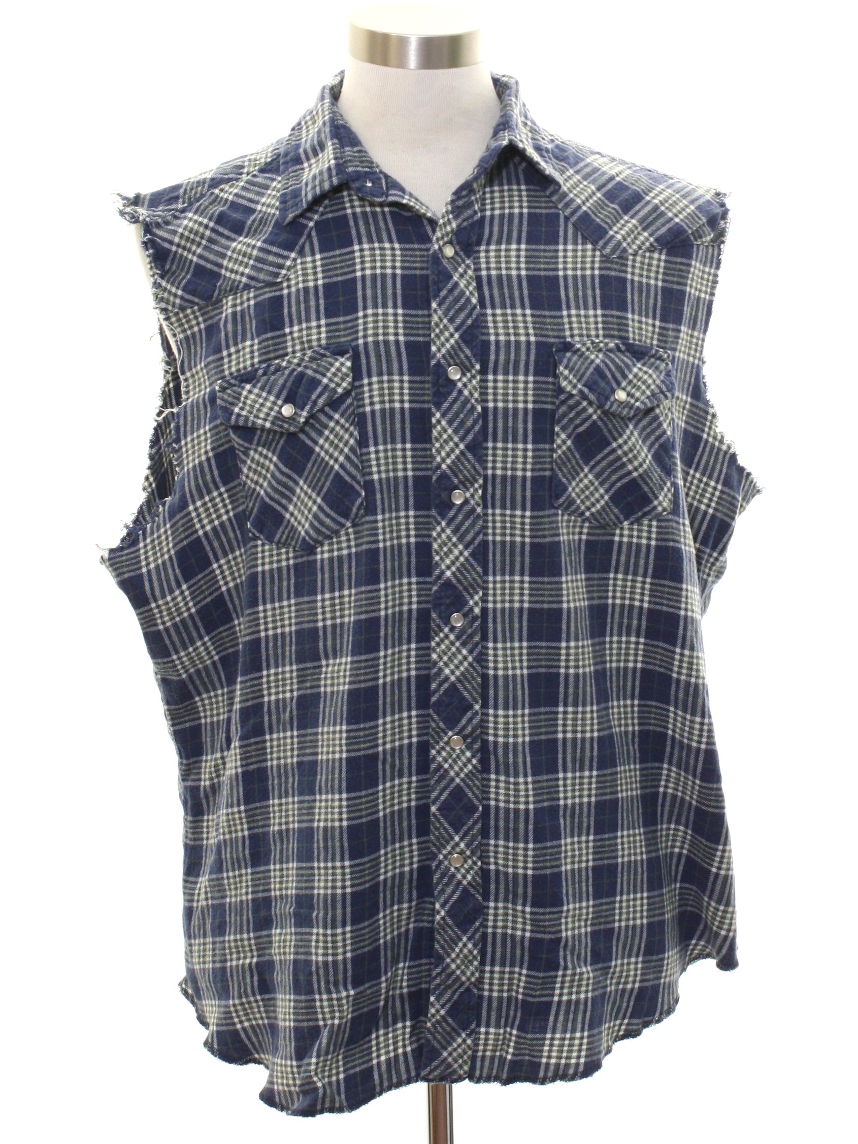 Sleeveless Shirt: 90s -Wrangler- Mens Faded navy, lighter blue, olive ...