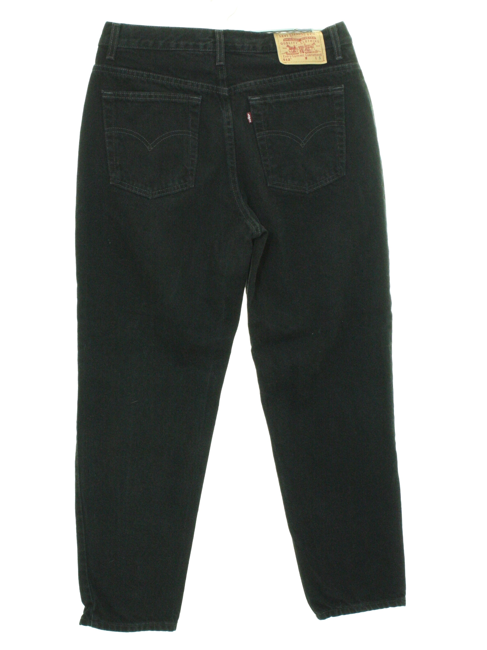 1990s Vintage Pants: 90s -Levis 512- Womens black cotton denim levis 512  slim fit straight leg high waisted denim jeans pants with zipper fly  closure with button. Five pocket style - front
