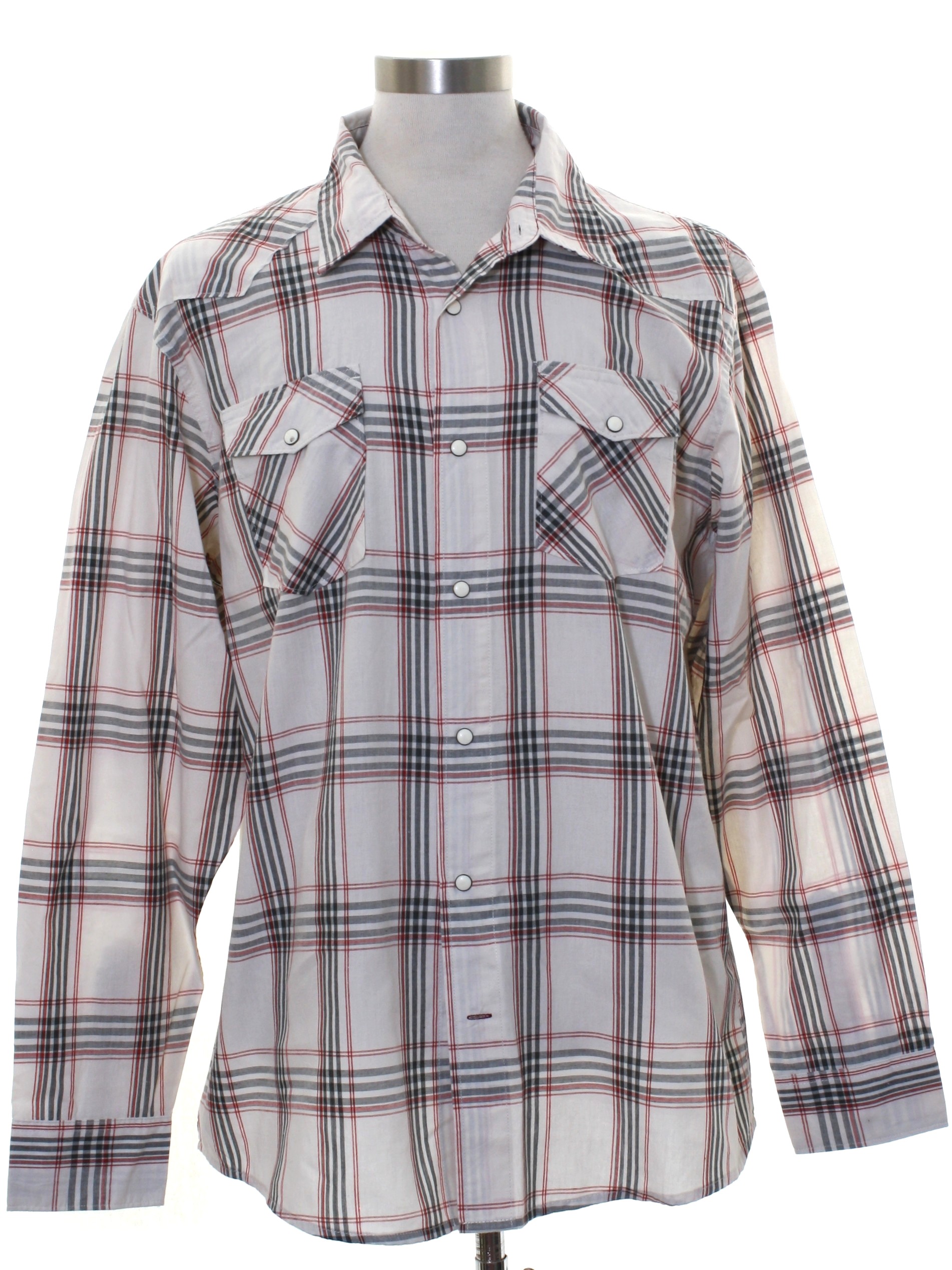 Western Shirt: 90s -Wrangler- Mens cream, gray, red paned stripes ...