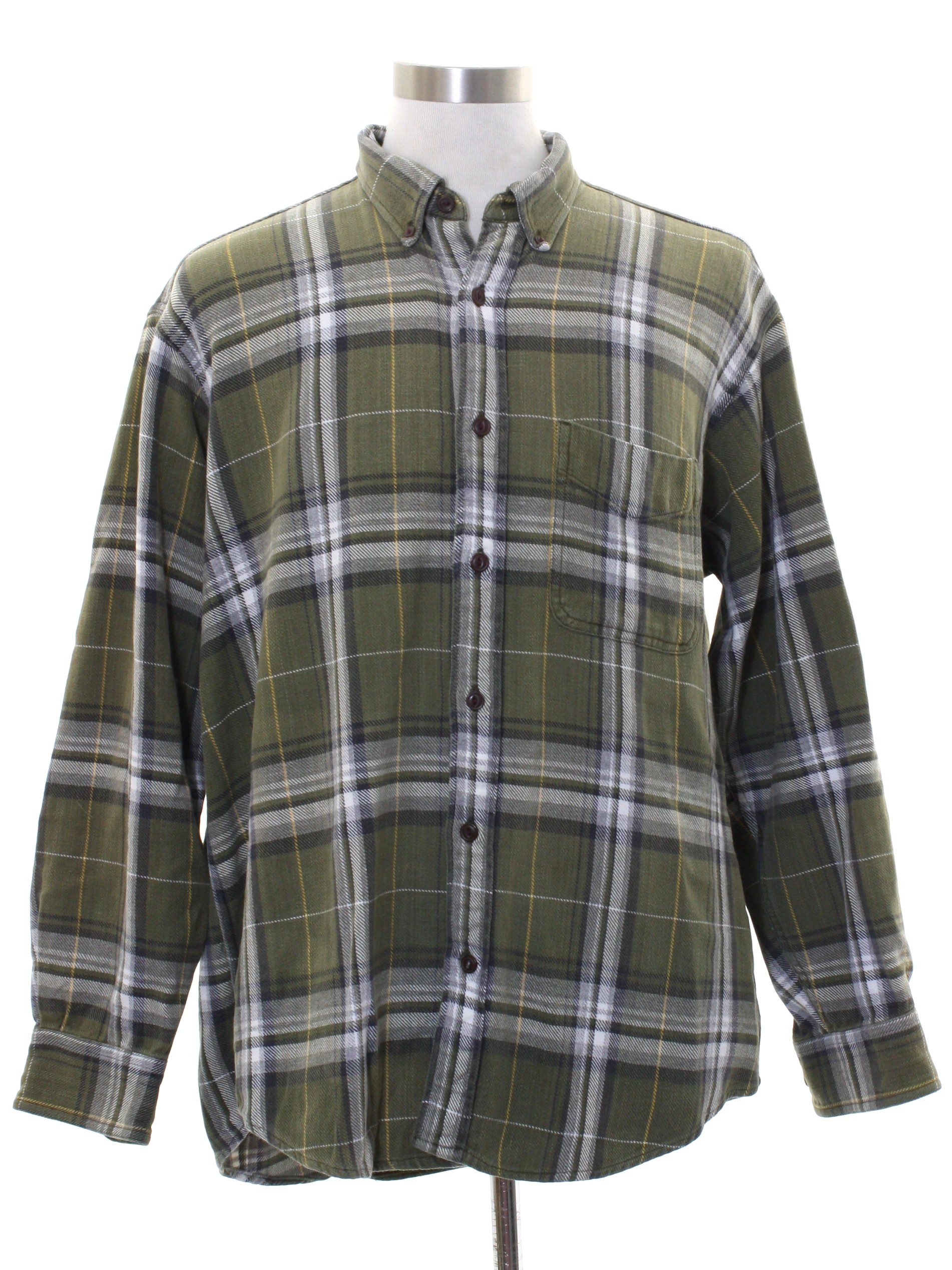 Shirt: 90s -Woolrich- Mens Khaki green, gray, black, yellow, white ...