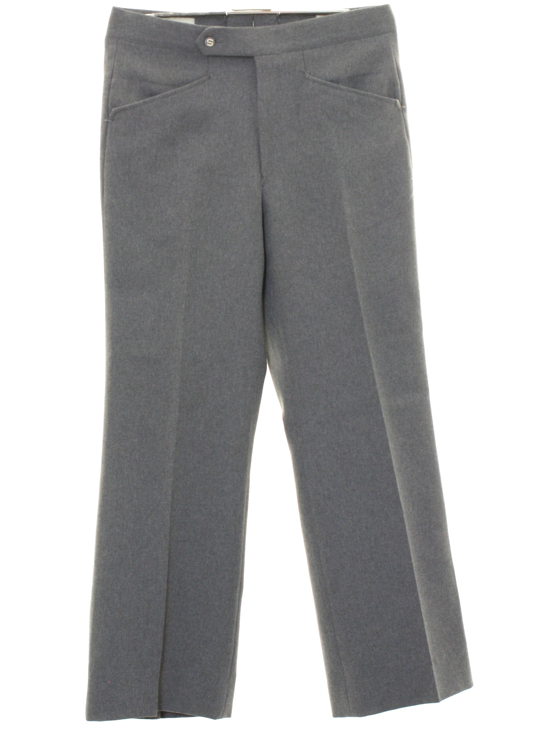 Sansabelt Seventies Vintage Pants 70s Sansabelt Mens gray solid colored polyester flat front leisure pants with cuffless hem front slant side entry pockets one rear inset open pocket and one rear in...