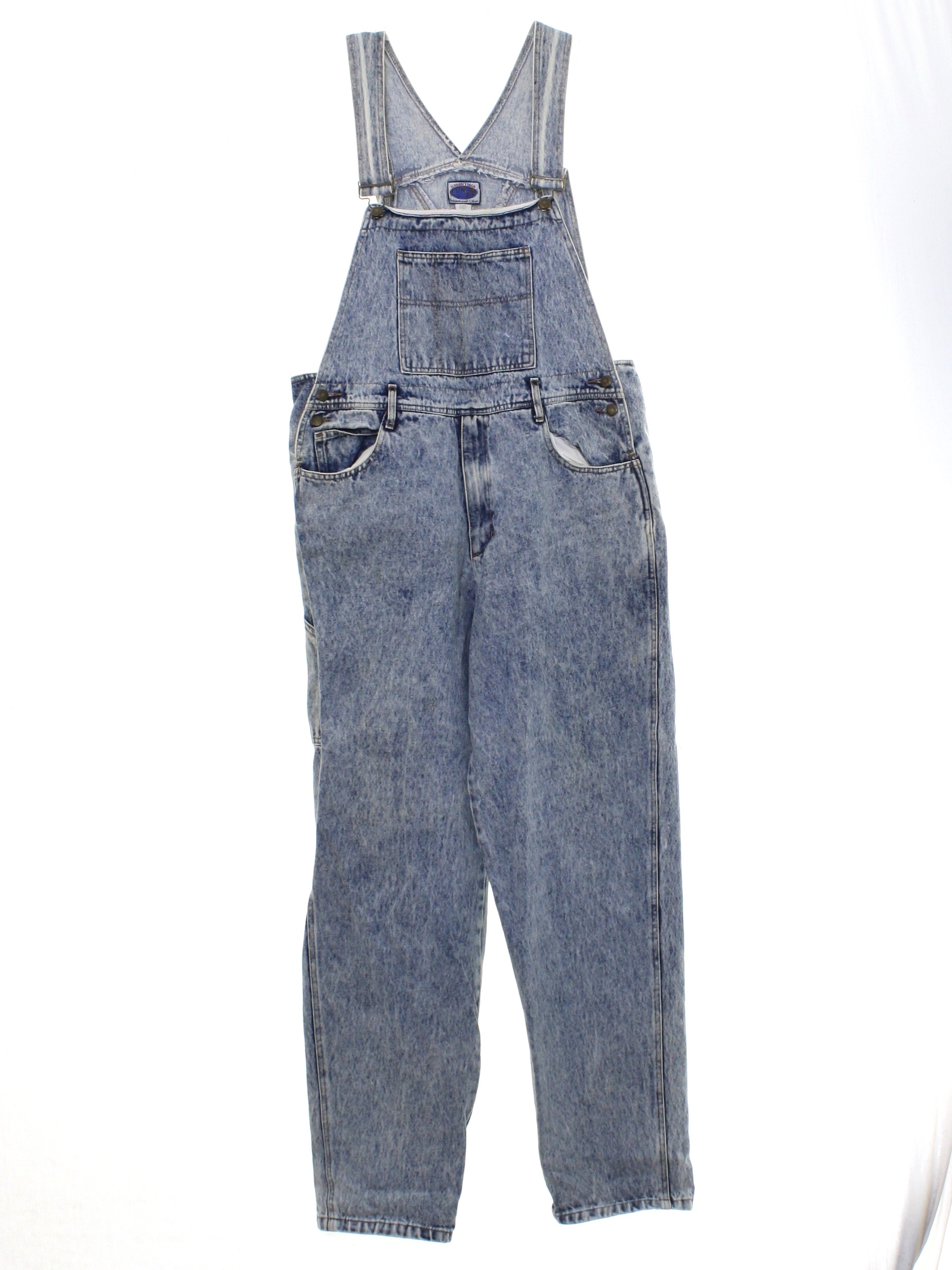 Vintage 80s Overalls: 80s style (made in 90s) -Essentials International  Choice- Mens stone washed worn and yellowed dark blue cotton denim acid  wash denim slightly tapered leg overalls with zipper fly closure
