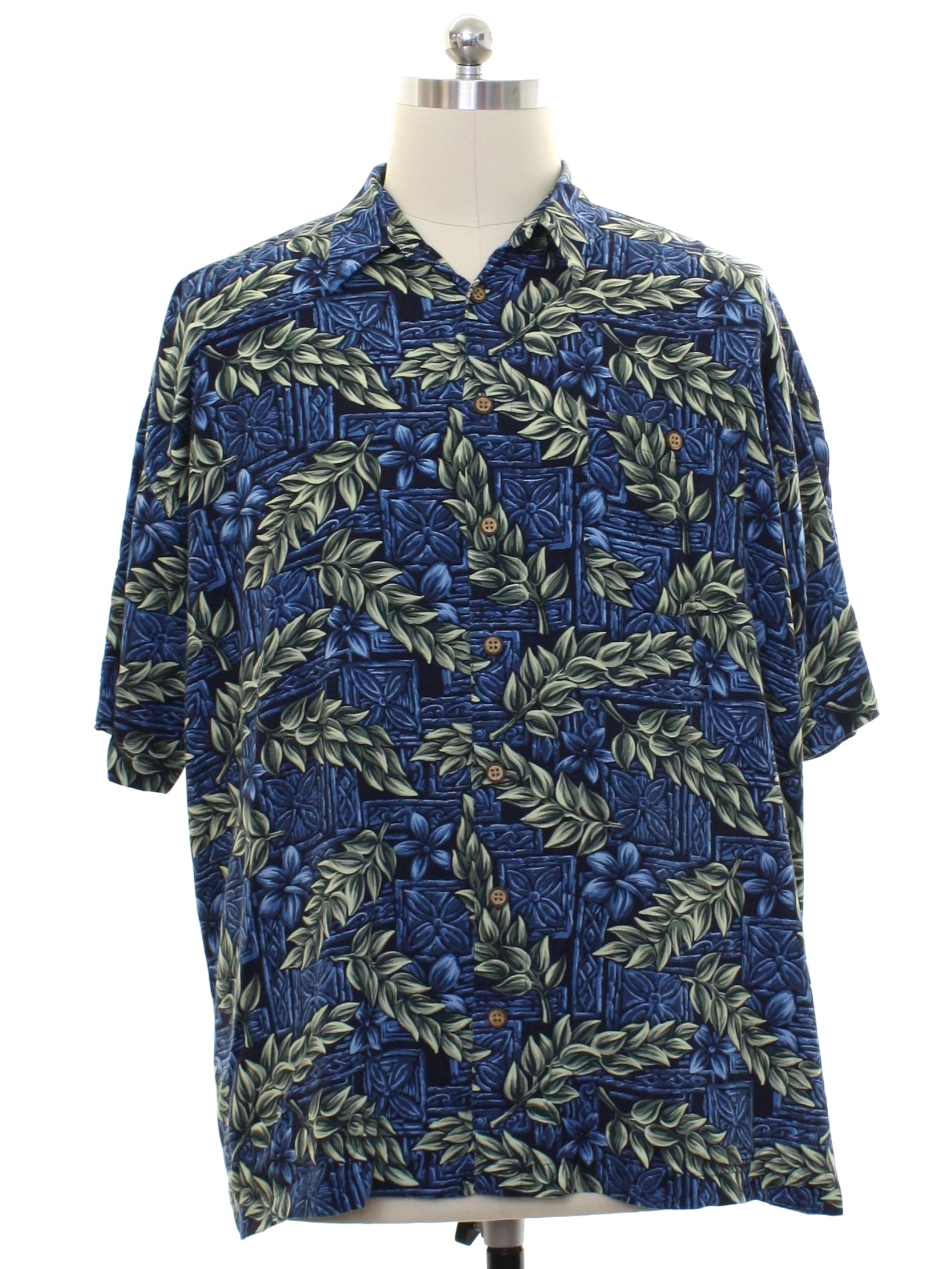 1990s M. E. Sport Hawaiian Shirt: Late 90s -M. E. Sport- Mens dark blue ...