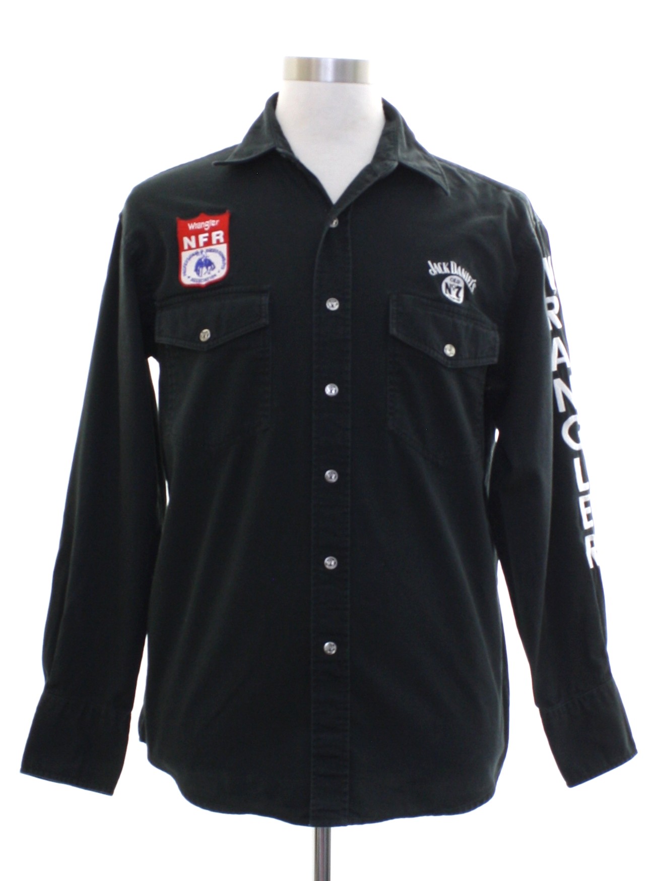 Retro 90s Western Shirt (Wrangler) : Late 90s -Wrangler- Mens black  background cotton longsleeve western shirt. pearlized snaps at front  placket and cuffs. There is a red Wrangler NFR patch above right