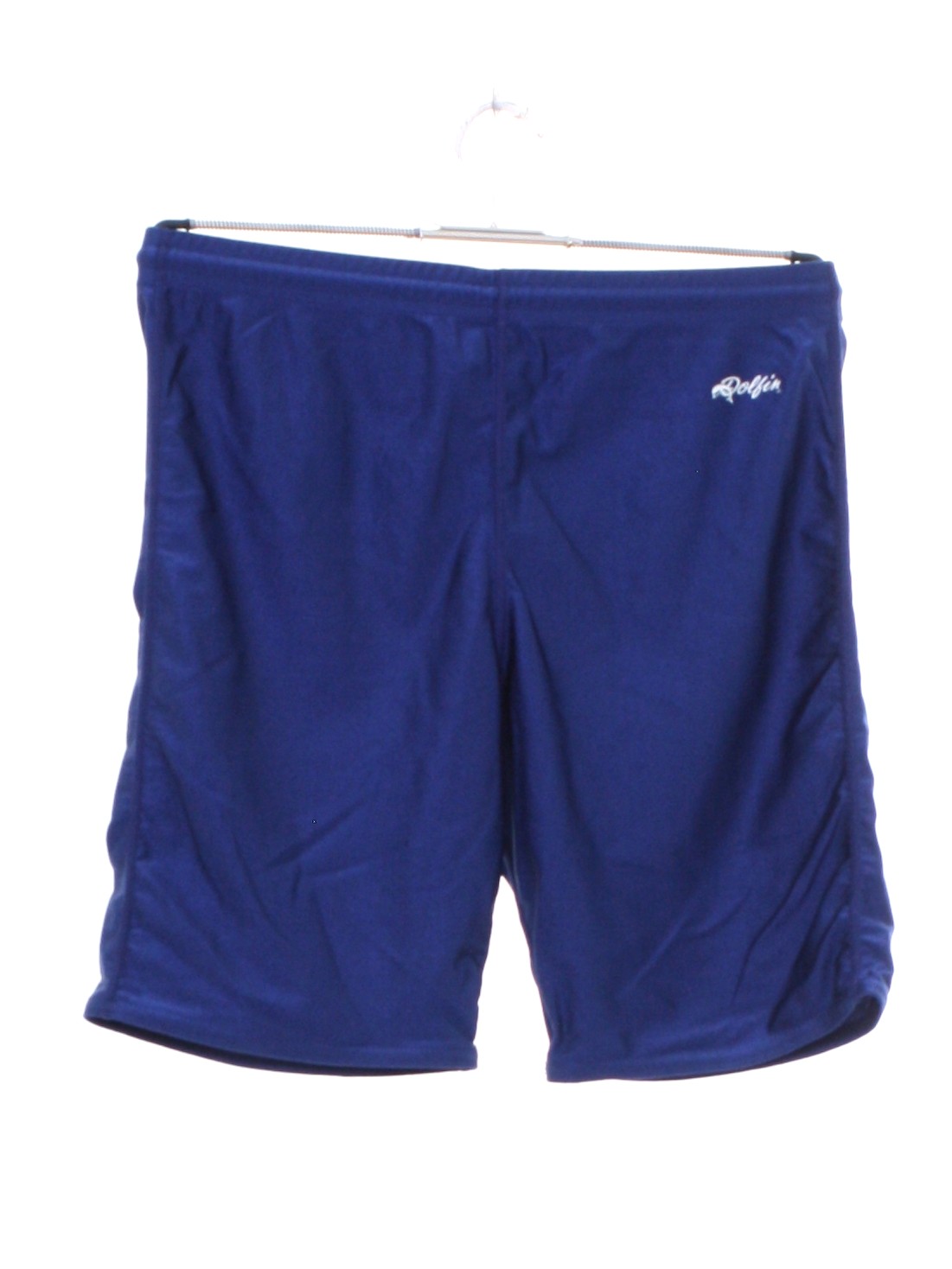 80's Vintage Shorts: Late 80s or Early 90s -Dolfin International- Unisex  shiny blue background nylon spandex blend bike shorts Elastic waistline  with a white -dolfin- logo on the upper left hip area.