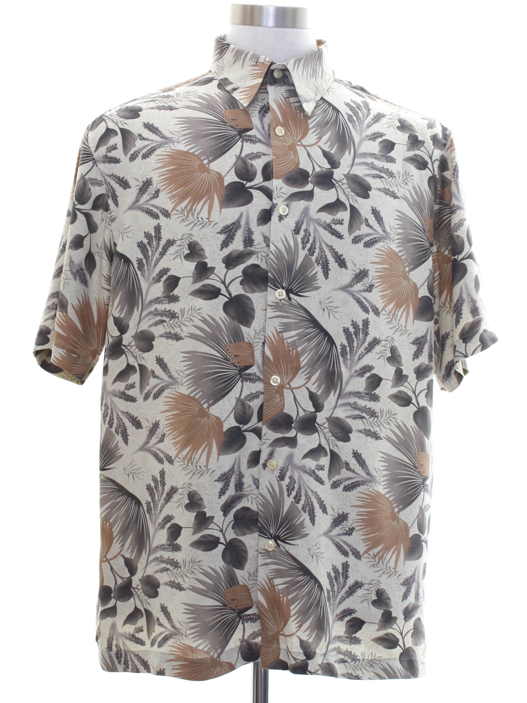 Hawaiian Shirt: 90s -Alfani- Mens Beige background silk short sleeve ...
