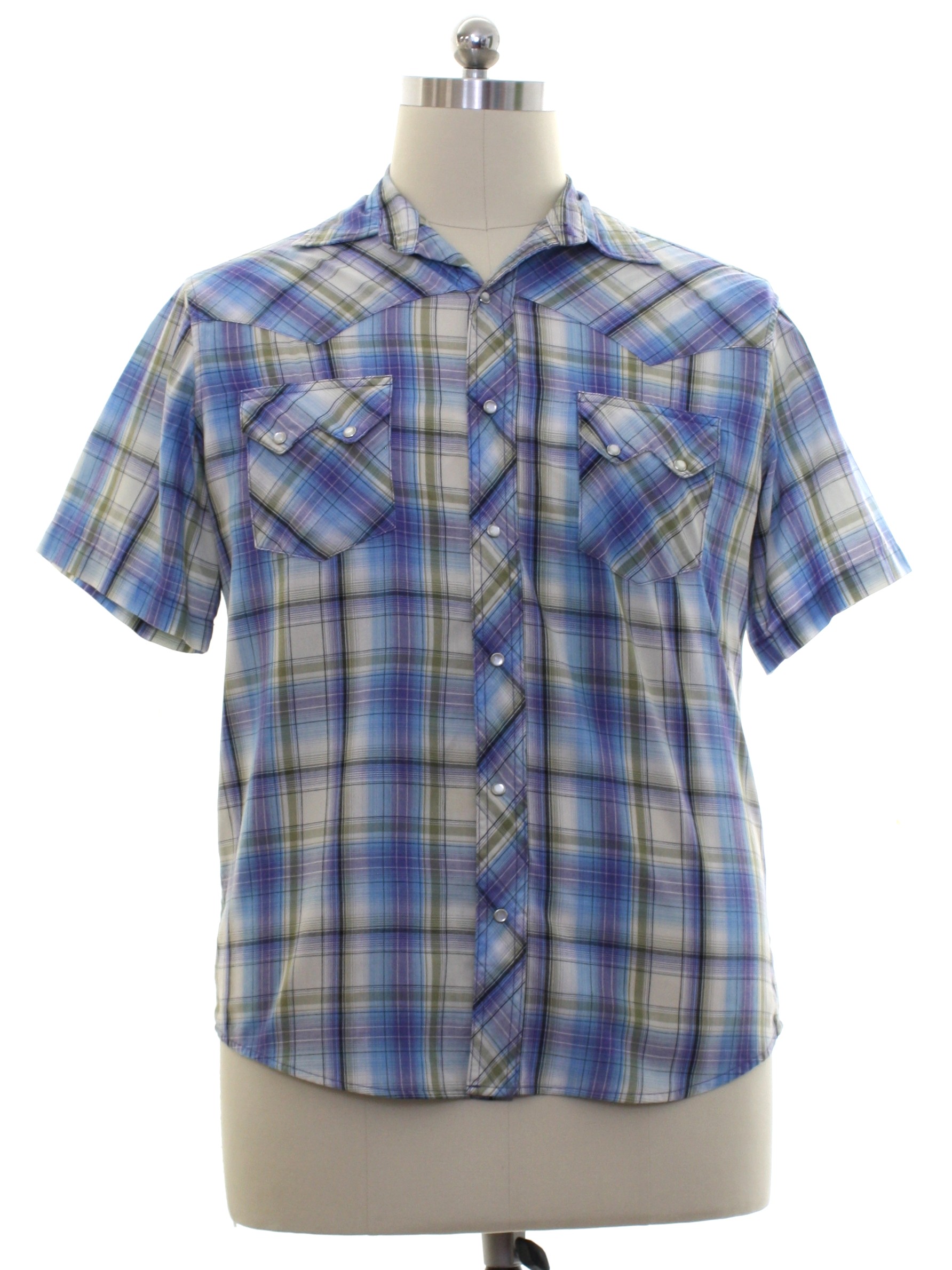 90s Vintage Wrangler Western Shirt: 90s or newer -Wrangler- Mens blue,  ivory, moss green, and sky blue plaid background polyester cotton blend  short sleeve western shirt. pearlized snaps at front placket and
