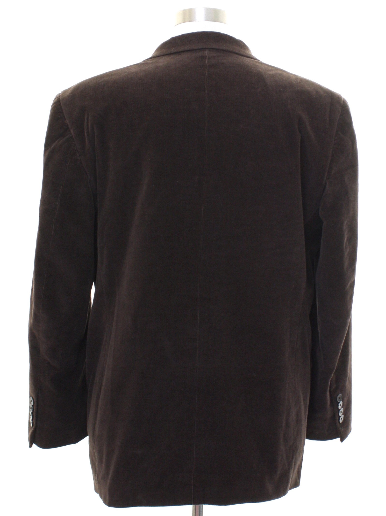 Vintage 80s Jacket 80s Alfani Macys Mens dark brown pinwale cotton corduroy blazer sportcoat jacket with medium width notched lapels three buttons flapped inset pockets ventless back and full satin ...