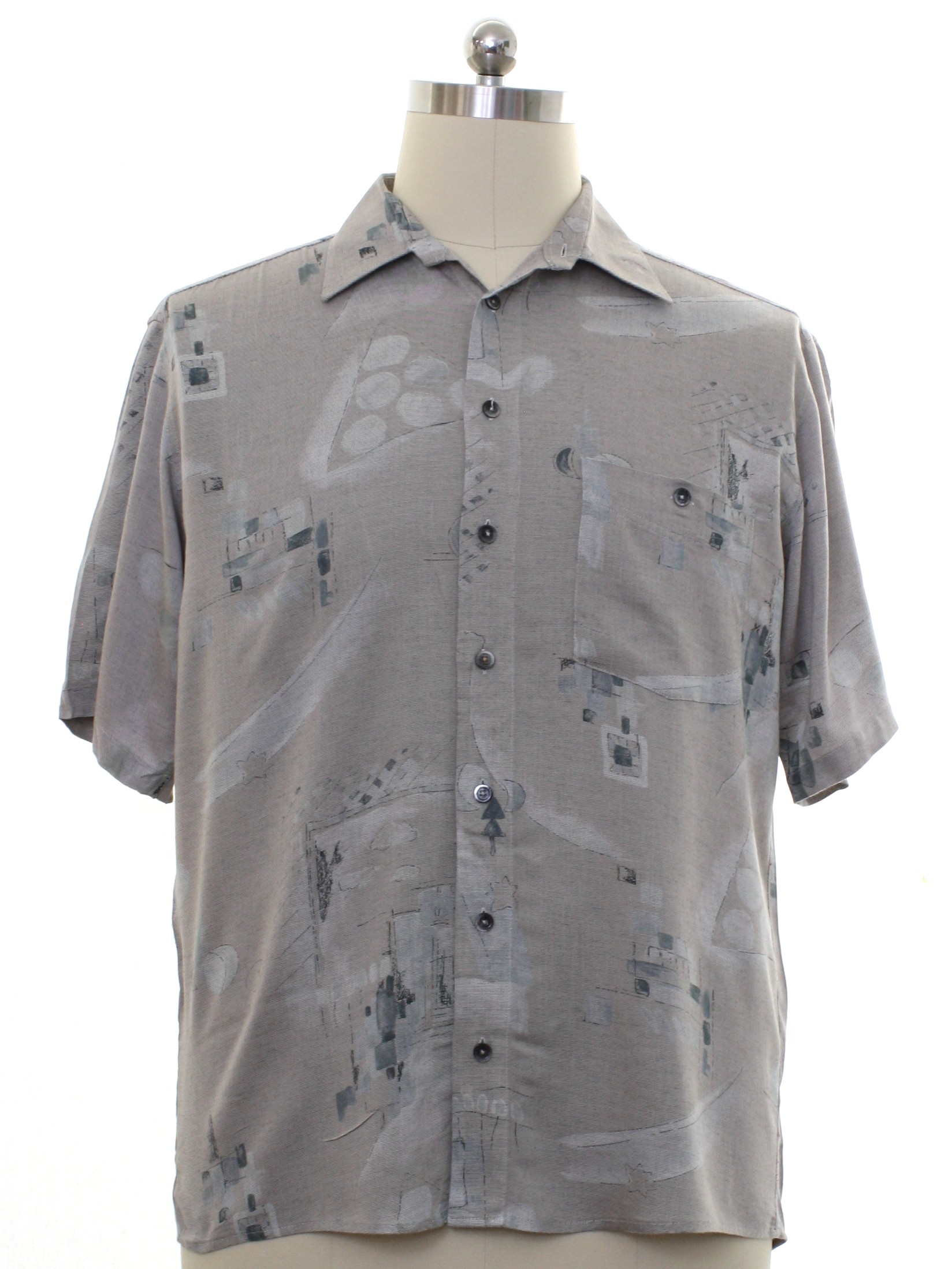 Tale stilhed blande Casa Moda 80's Vintage Shirt: Late 80s -Casa Moda- Mens beige background,  black, gray, charcoal drapey rayon totally 80s graphic print sport shirt  with short sleeves, rounded slight shirttails hemline, button front