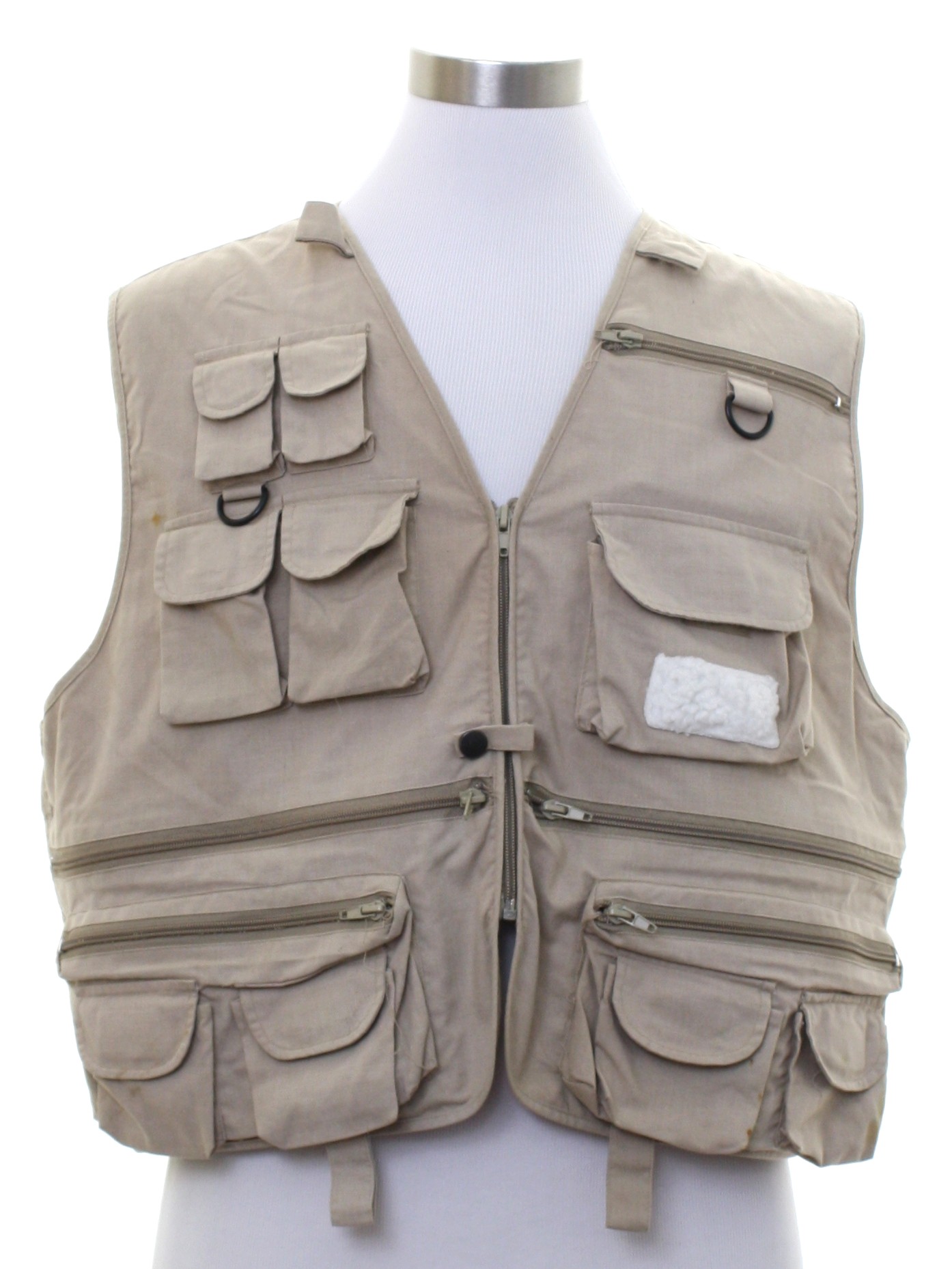 Retro 1980s Vest: 80s -Crystal River- Mens khaki tan cotton poplin fishing  vest with zipper front closure, multiple zippered inset and patch pockets,  small upper flapped patch pockets, and rear zippered patch