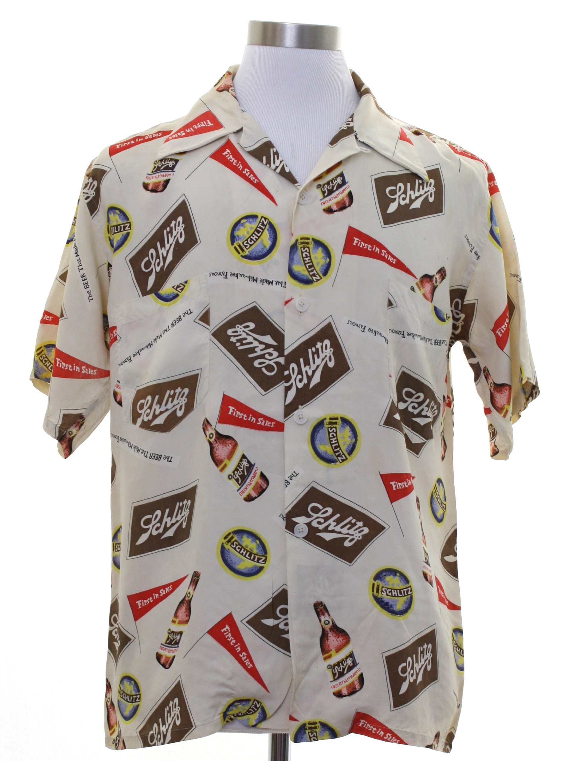 50's Shirt: 50s -No Label- Mens cream background rayon short sleeve