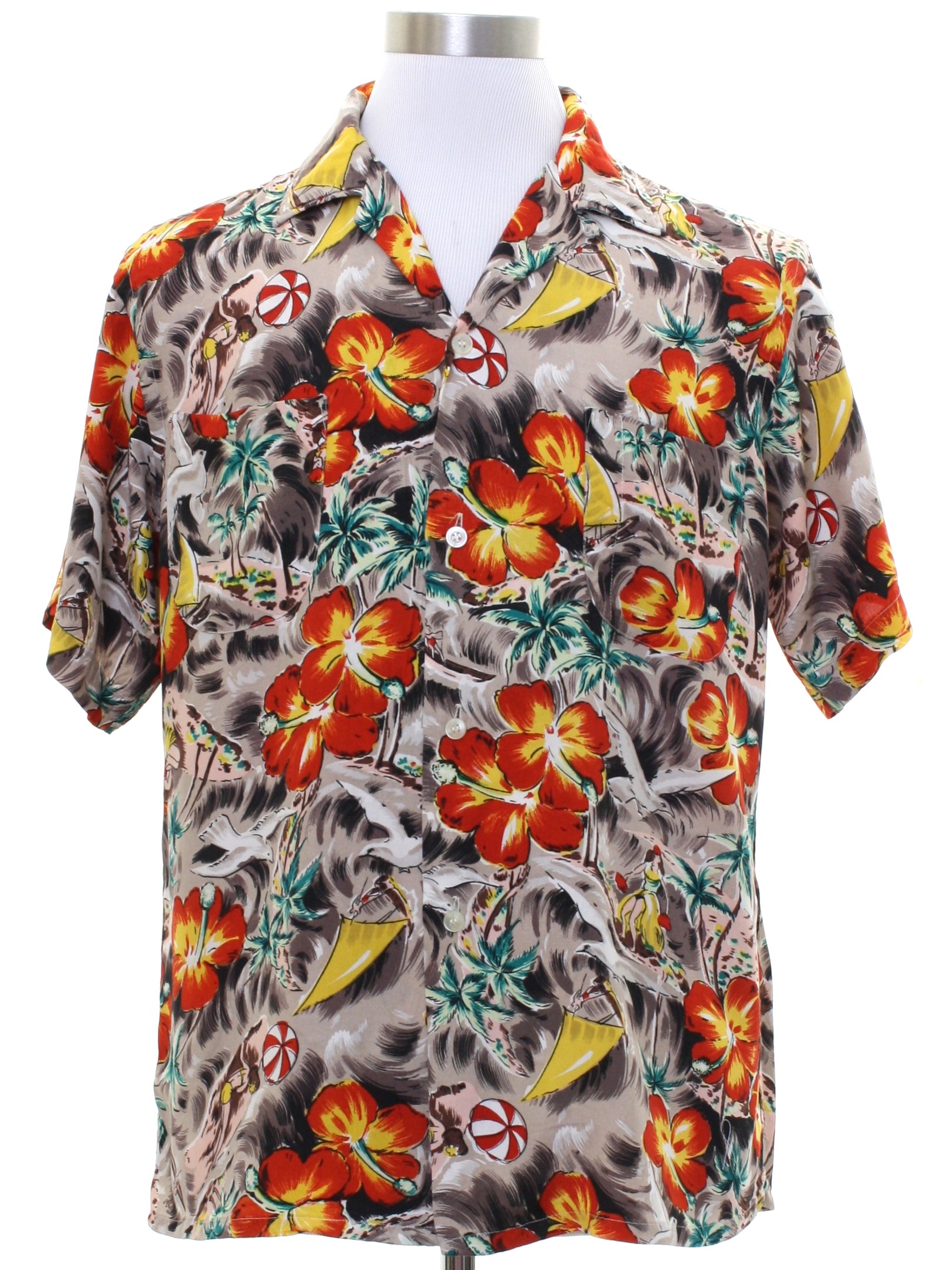 50s Vintage Hawaiian Shirt: 50s -No Label- Mens taupe background rayon ...