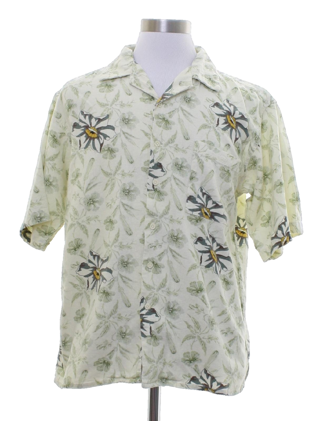 Hawaiian Shirt: 90s -Bruno- Mens cream background rayon linen blend ...