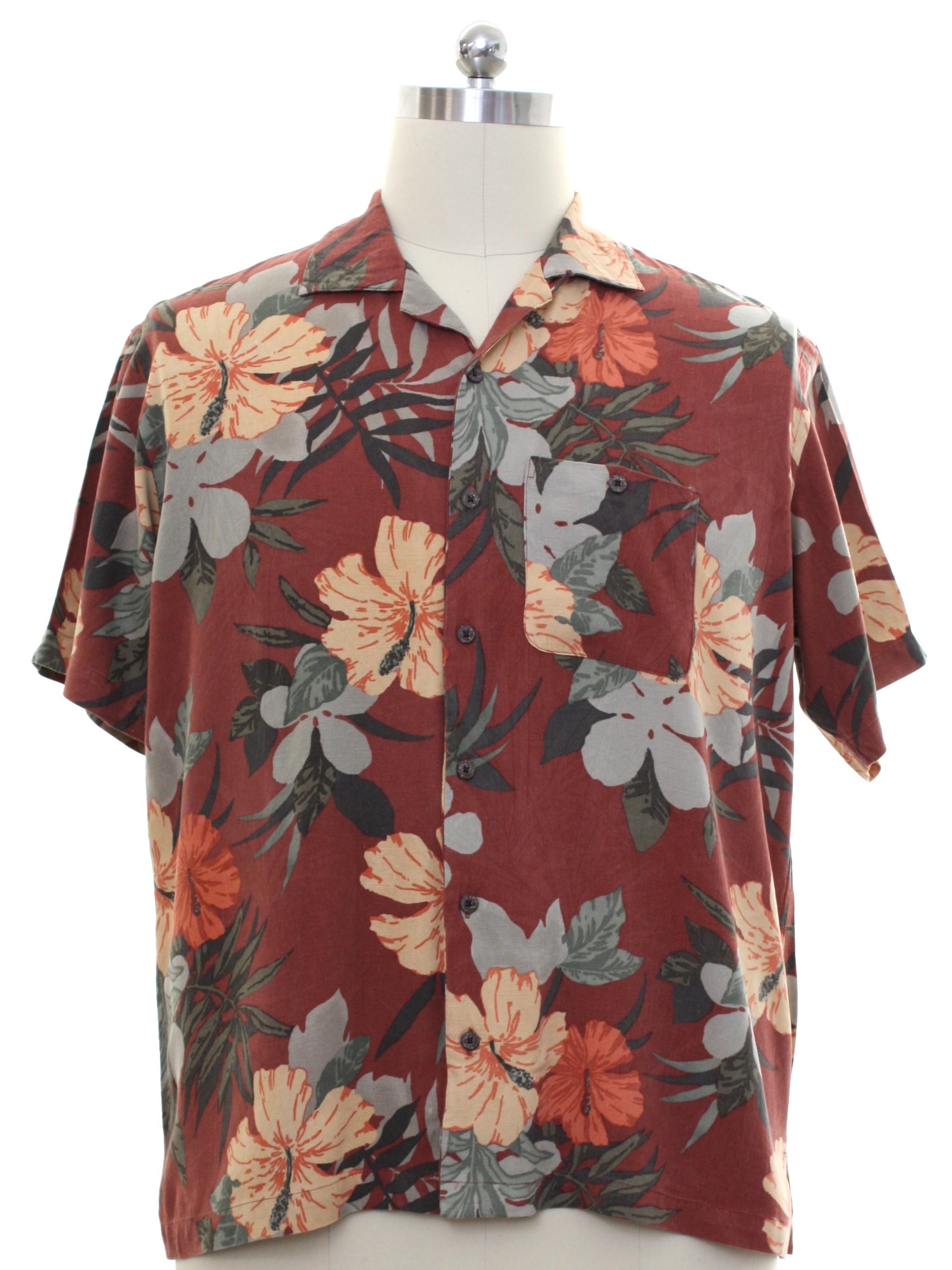 Hawaiian Shirt: 90s -Geoffrey Beene- Mens faded copper brown background ...