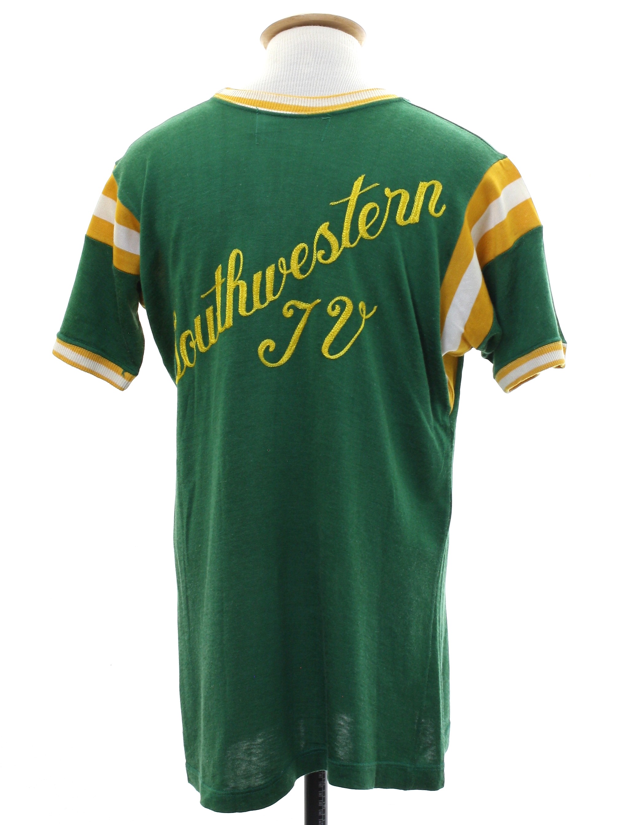 Retro 1950s Western Shirt: 50s -Milwaukie Sporting Goods Co.- Unisex green,  gold and white nylon cotton blend short sleeve pullover athletic style  sports t-shirt. Classic school team shirt with striped details on