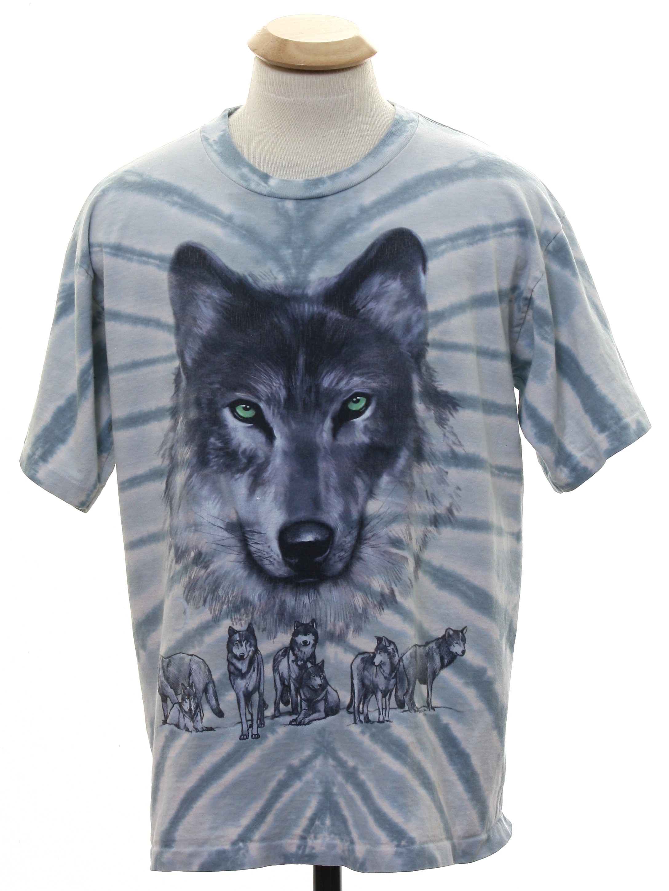 T Shirt 90s Liquid Blue Unisex Light Aqua Background Cotton Short Sleeve Pullover Animal T Shirt Wolf Themed Print On The Front On A Tie Dye Patterned Background In Shades Of Grey Blue Charcoal Grey