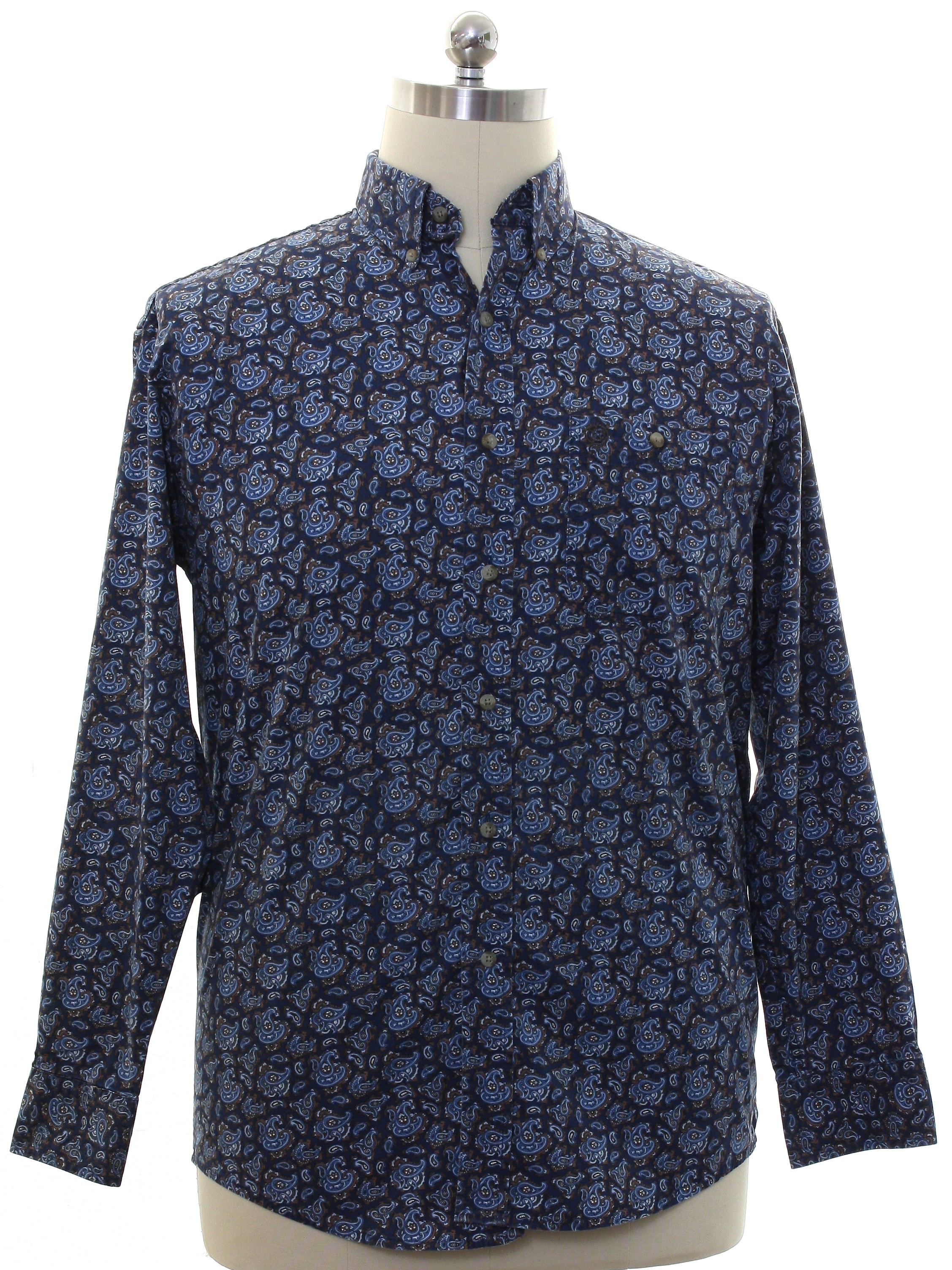 Shirt: 90s -Wrangler- Mens navy blue background cotton button cuff ...