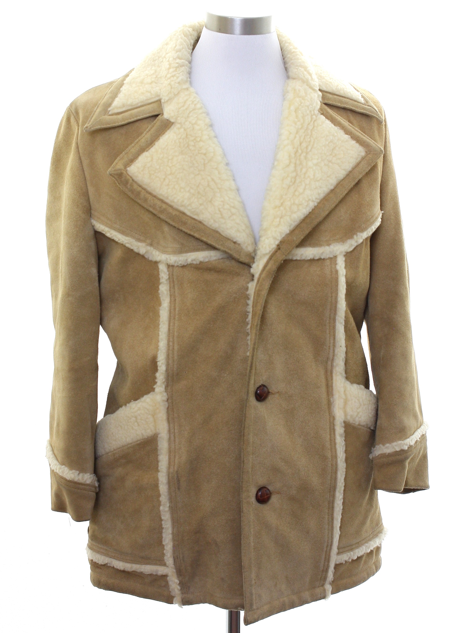 Vintage 1970 s Leather Jacket 70s Silton California Mens tan suede leather coat jacket with hip length styling square hemline button front lower inset pockets wide deeply notched foldover collar wit...