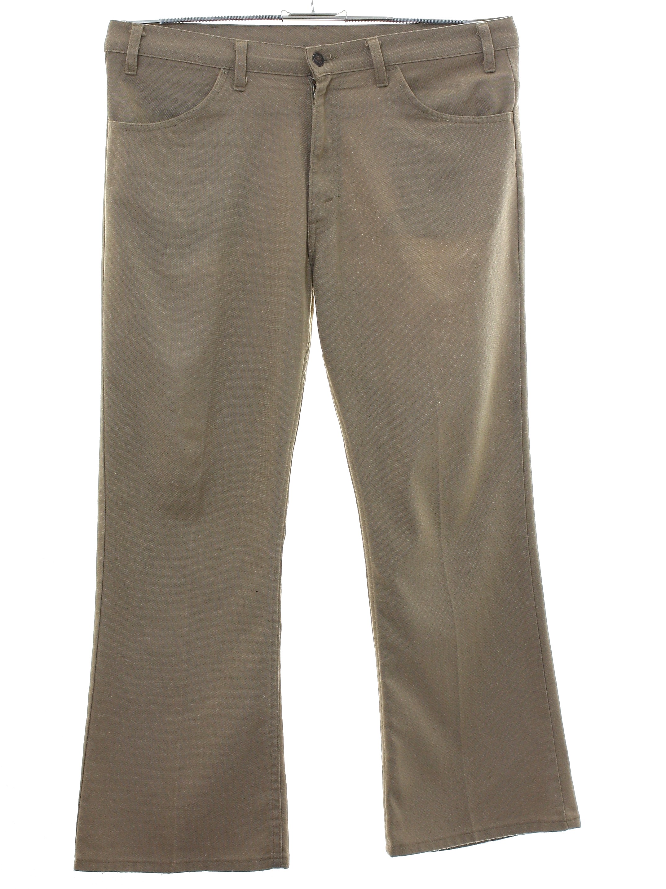 Retro Seventies Flared Pants / Flares: 70s -Levis Sta Prest- Mens tan brown  solid colored polyester cotton hopsack flat front flared jeans-cut pants  with cuffless hem, front scoop pockets, two rear patch