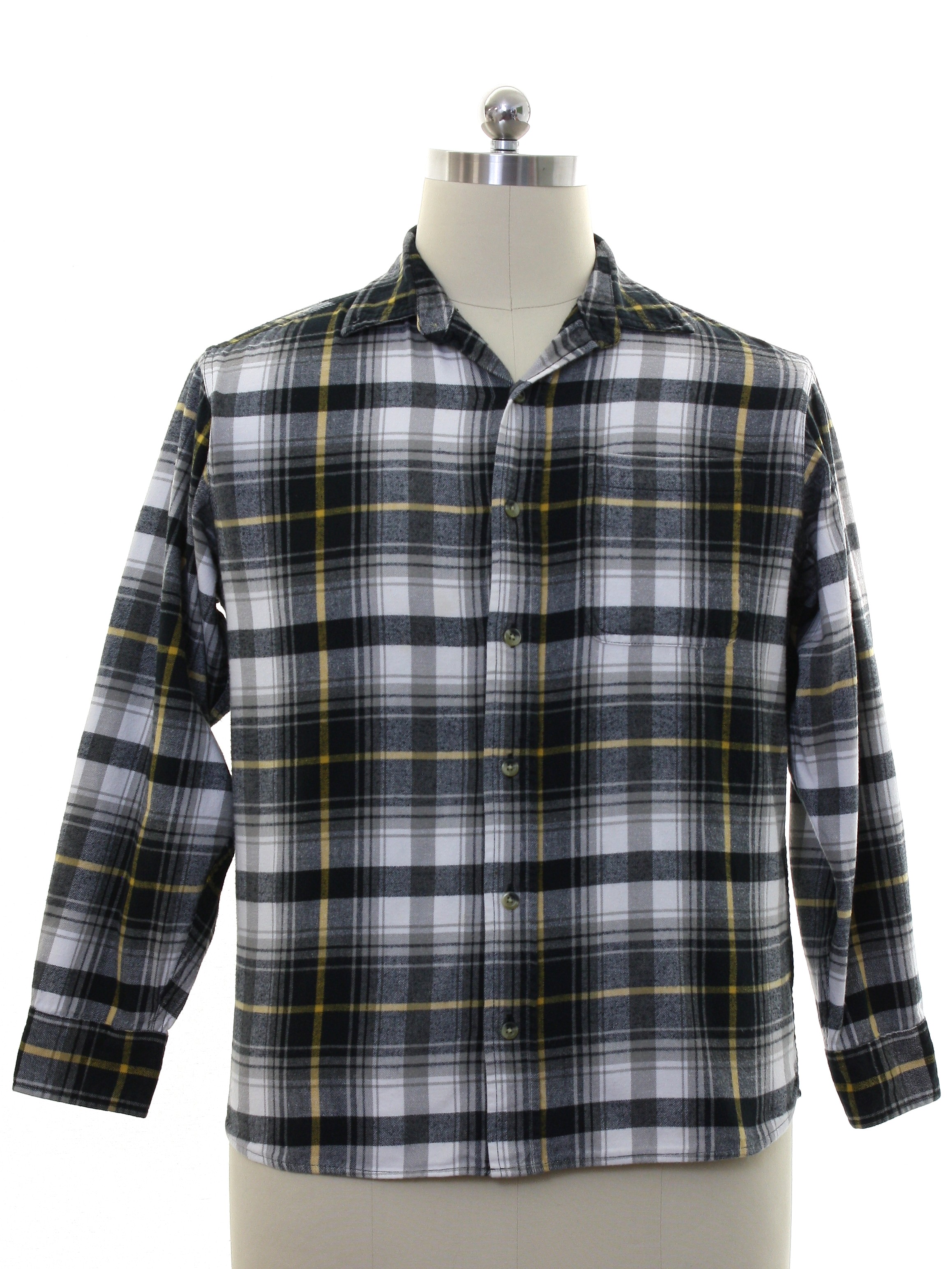 Shirt: 90s -Bass Pro Shops- Mens black, white, gray, and yellow plaid ...