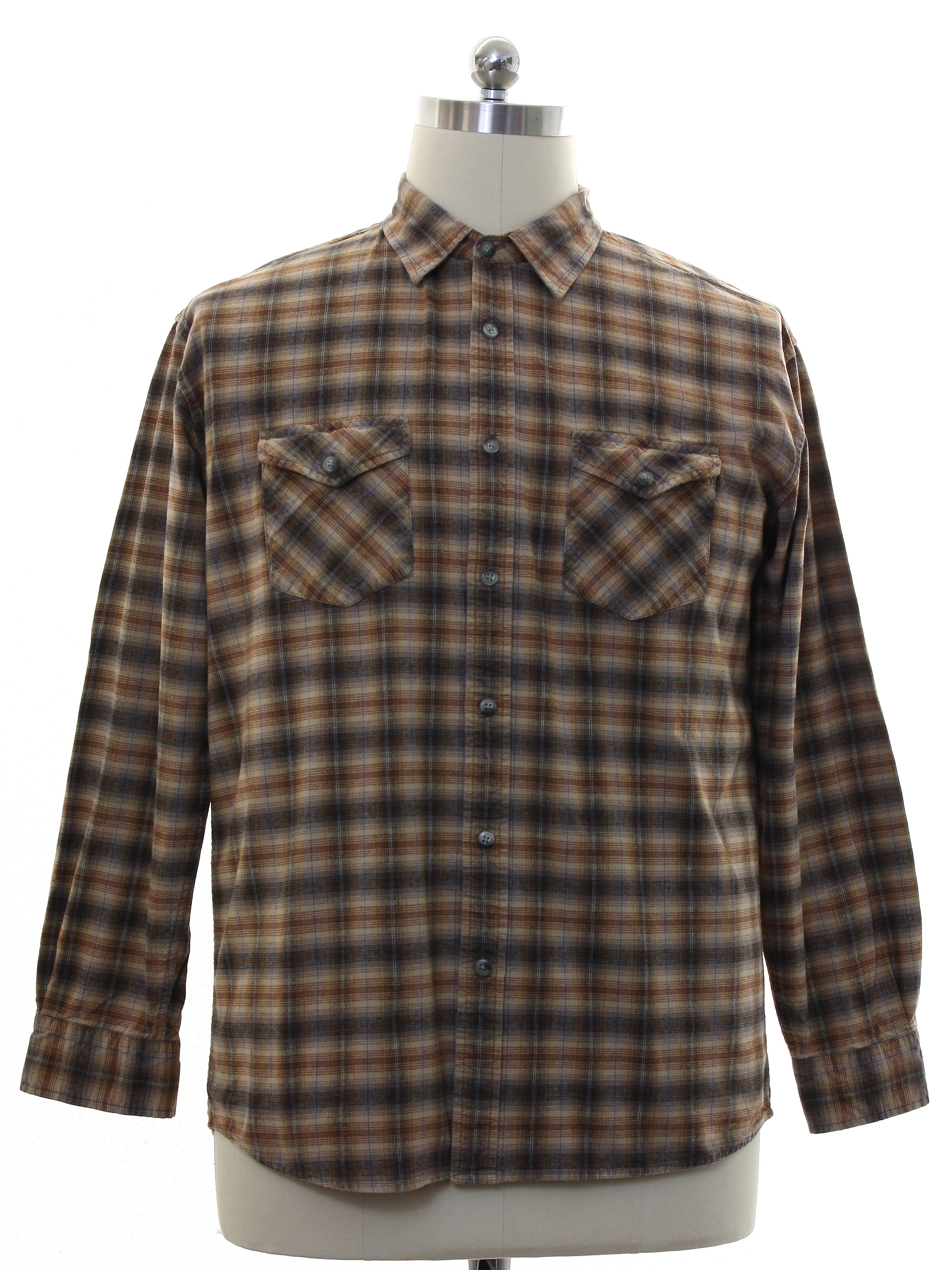 Shirt: 90s -Pendleton- Mens shades of brown, black, and gray plaid ...