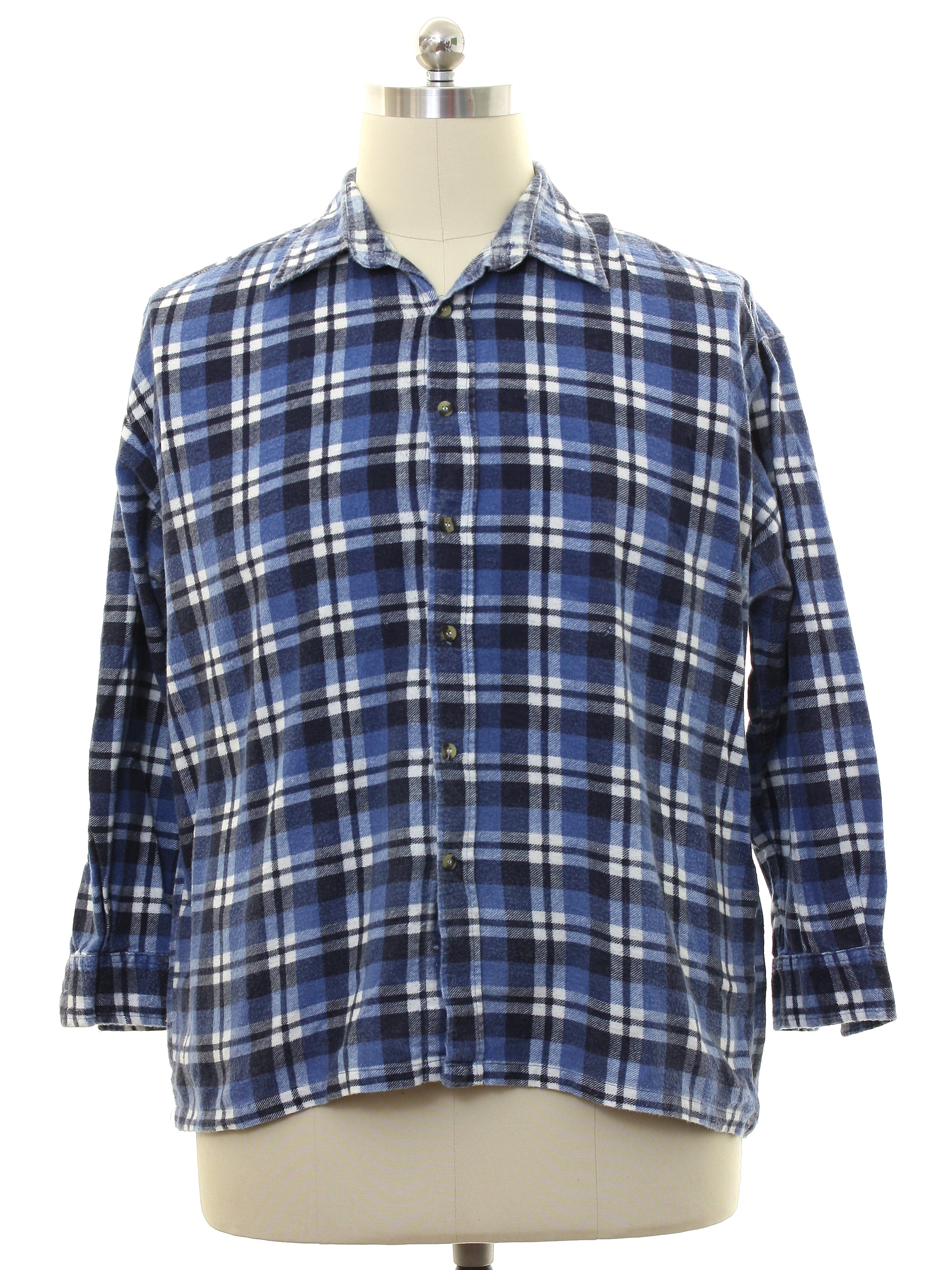 Shirt: 90s -Outback Rider- Mens navy, blue, and whtie plaid cotton ...