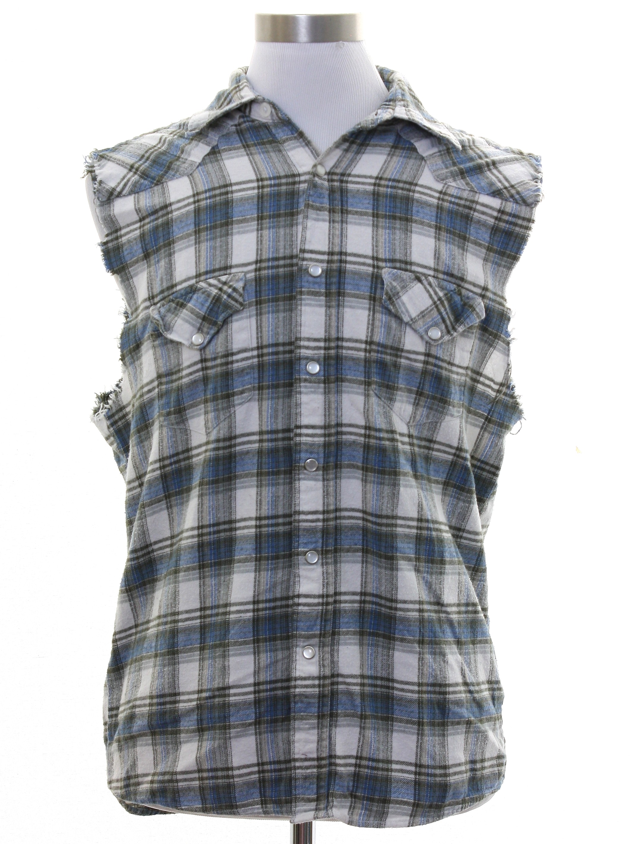 Sleeveless Shirt: 90s -Most- Mens gray, ivory and blue plaid cotton ...