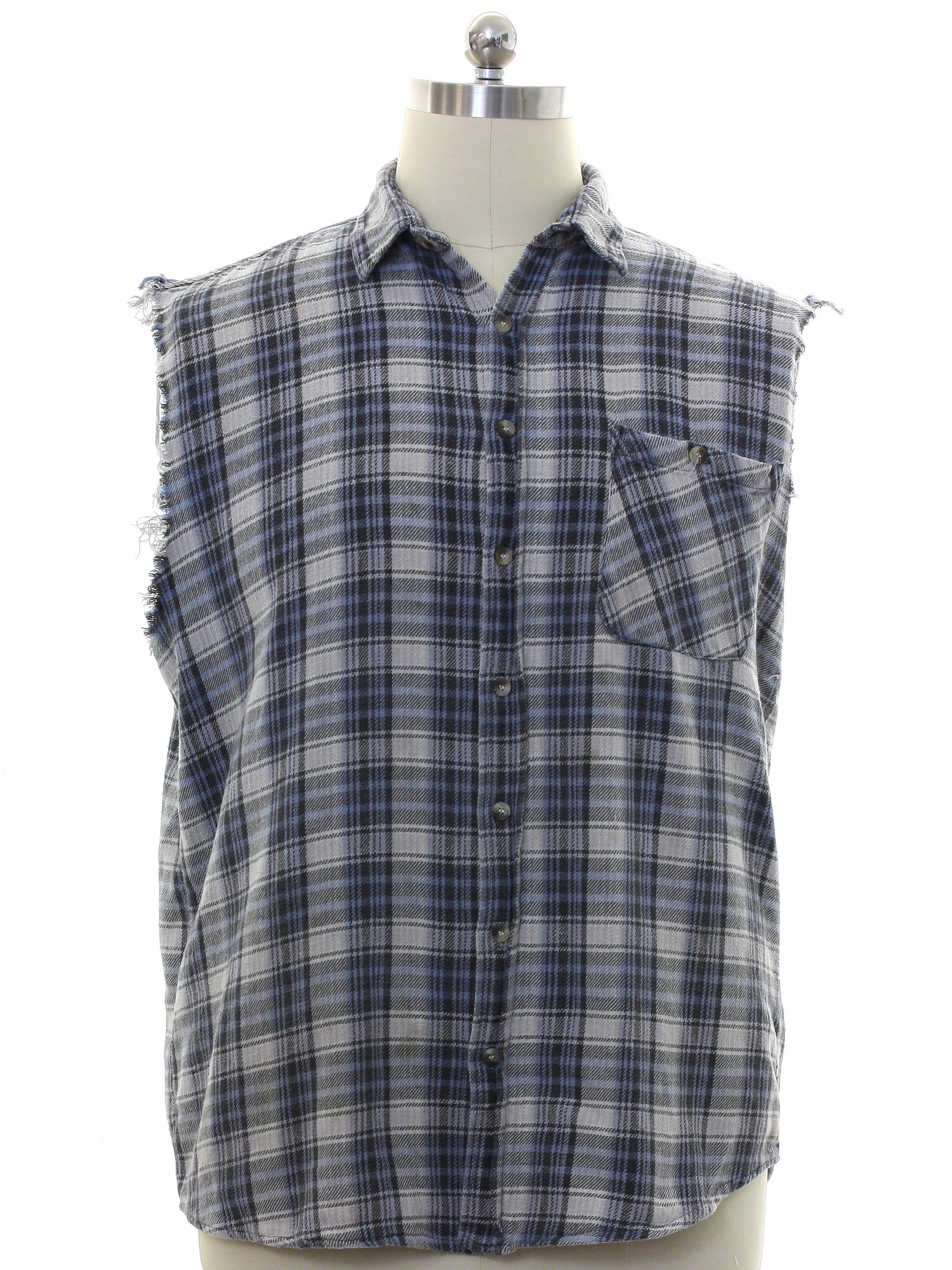 Sleeveless Shirt: 90s -Wilderness- Mens shades of gray and blue plaid ...