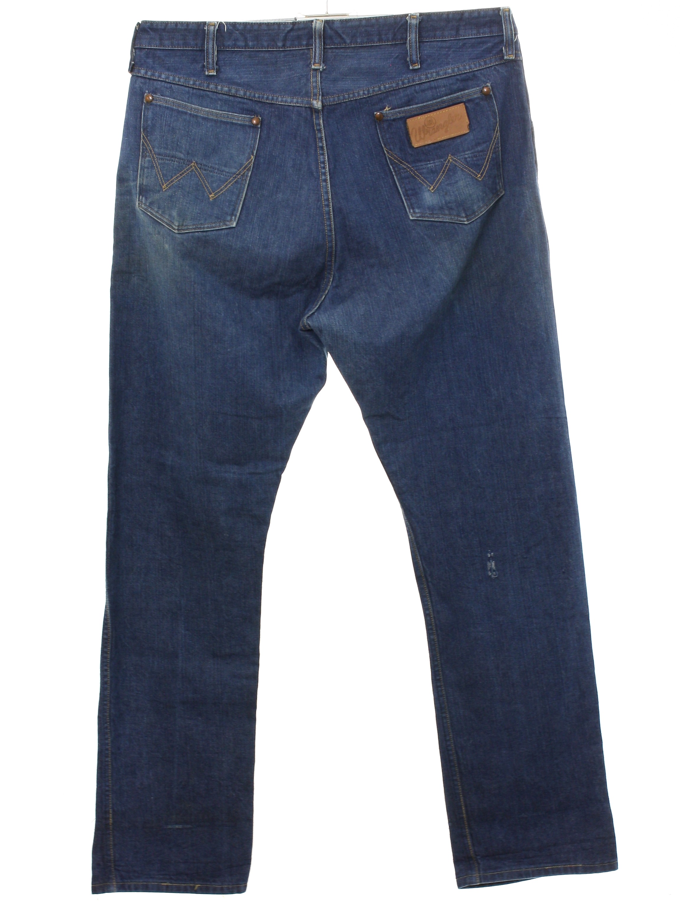 Vintage 1960's Pants: 60s -Wrangler Blue Bell- Mens faded ndigo blue cotton denim  jeans with flat front, zipper fly, straight legs, plain cuffless hems,  inset front pockets with corner rivets, back pockets