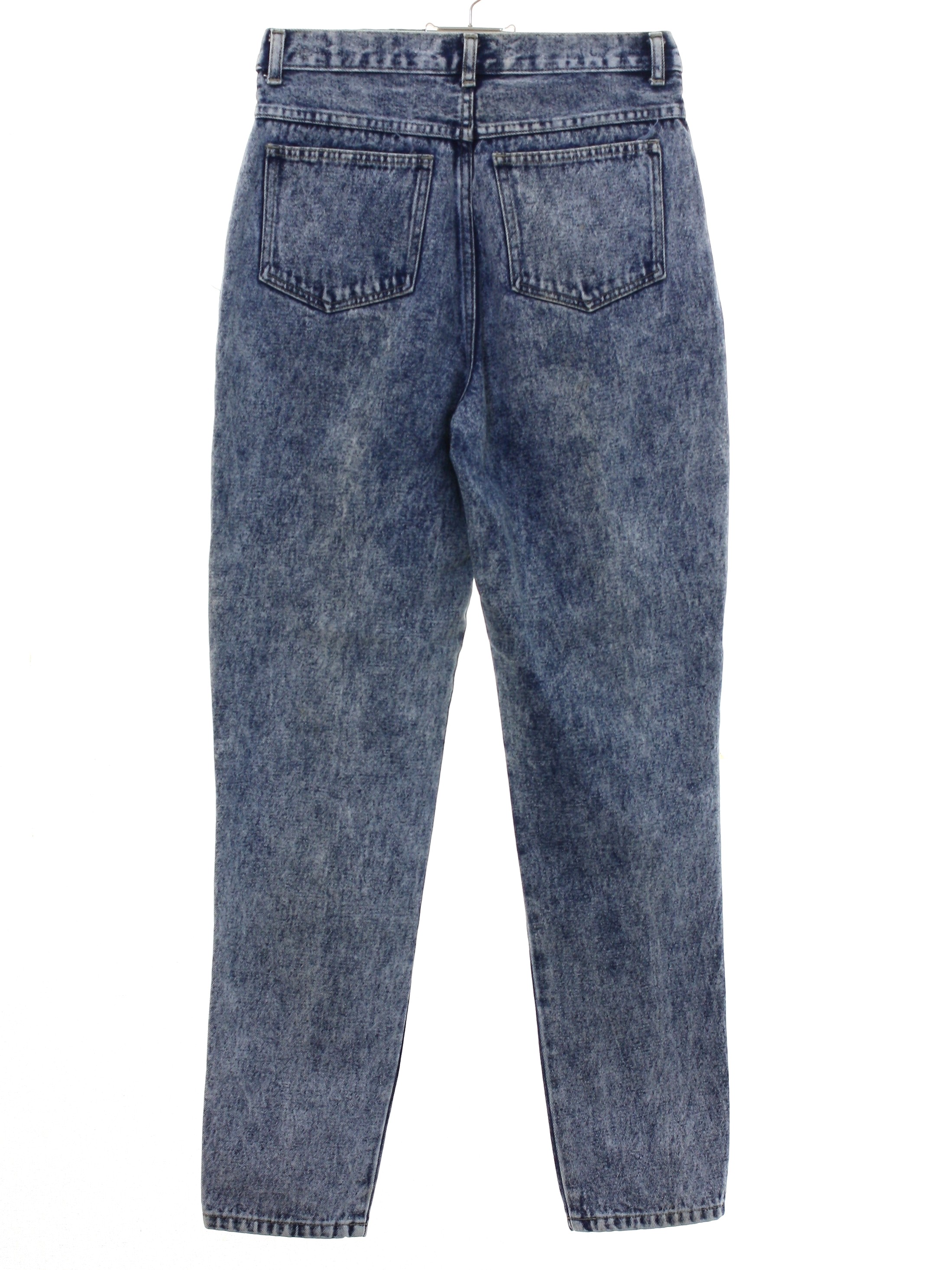 Retro 80s Pants (Stefano) : 80s Style (made in 90s) -Stefano- Womens acid  washed hazy blue cotton tapered legs totally 80s style denim jeans pants  with zipper fly closure with button. Five