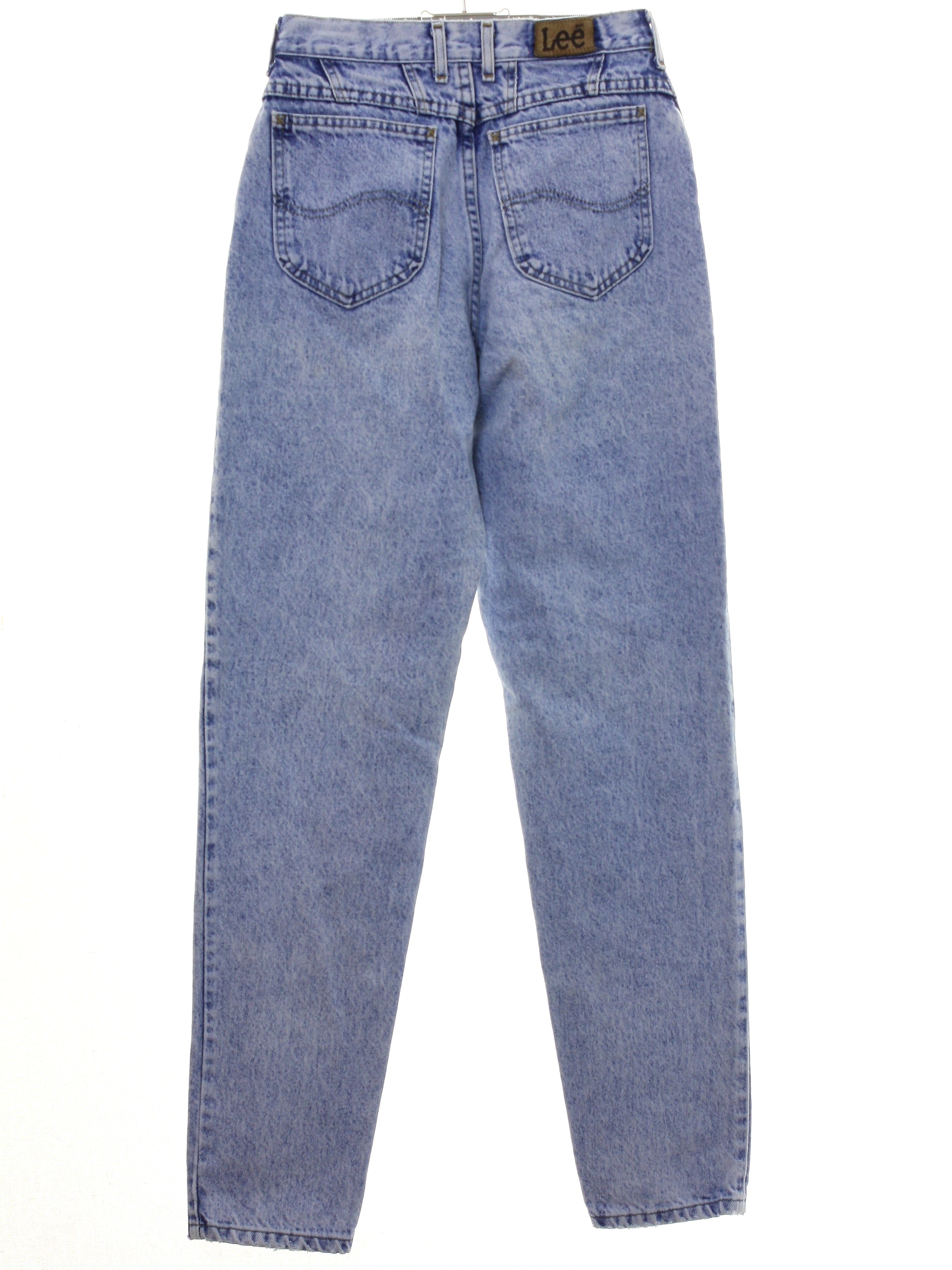 1980s Lee Pants: 80s -Lee- Womens hazy light blue cotton tapered legs  totally 80s style denim jeans pants with zipper fly closure with button.  Five pocket style - front scoop pockets with