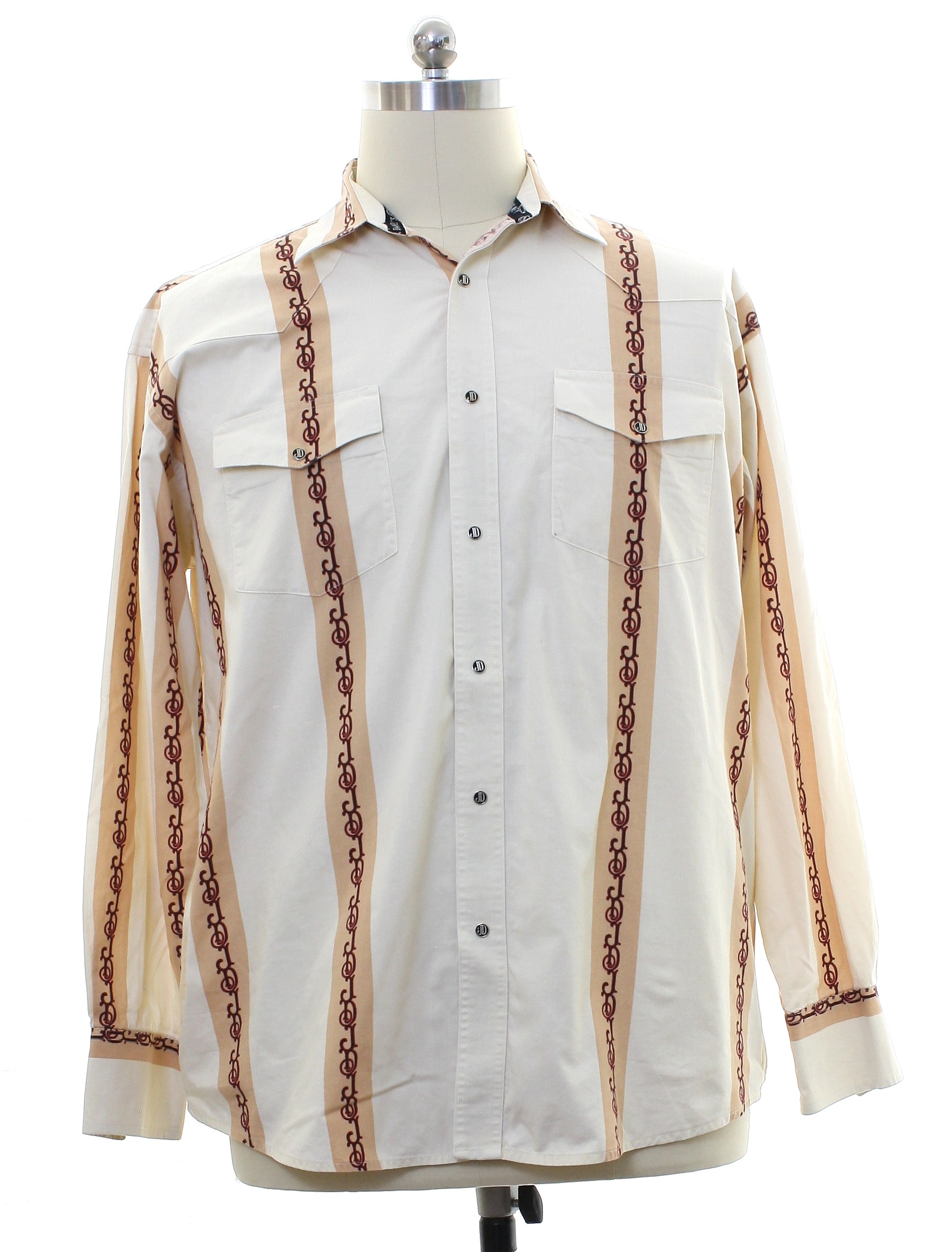 Western Shirt: 90s -Jack Daniels- Mens Cream background polyester cotton  blend longsleeve western shirt. pearlized snaps at front placket and cuffs.  Vertical stripes in tan brown with the letters JD in red