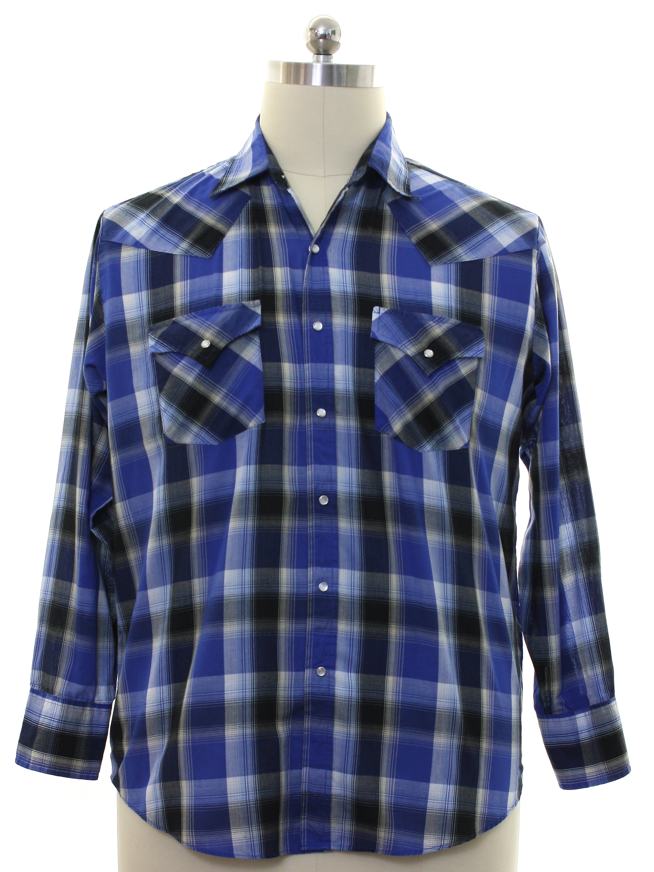 Western Shirt: 90s -Plains Western Wear- Mens shades of blue, black ...