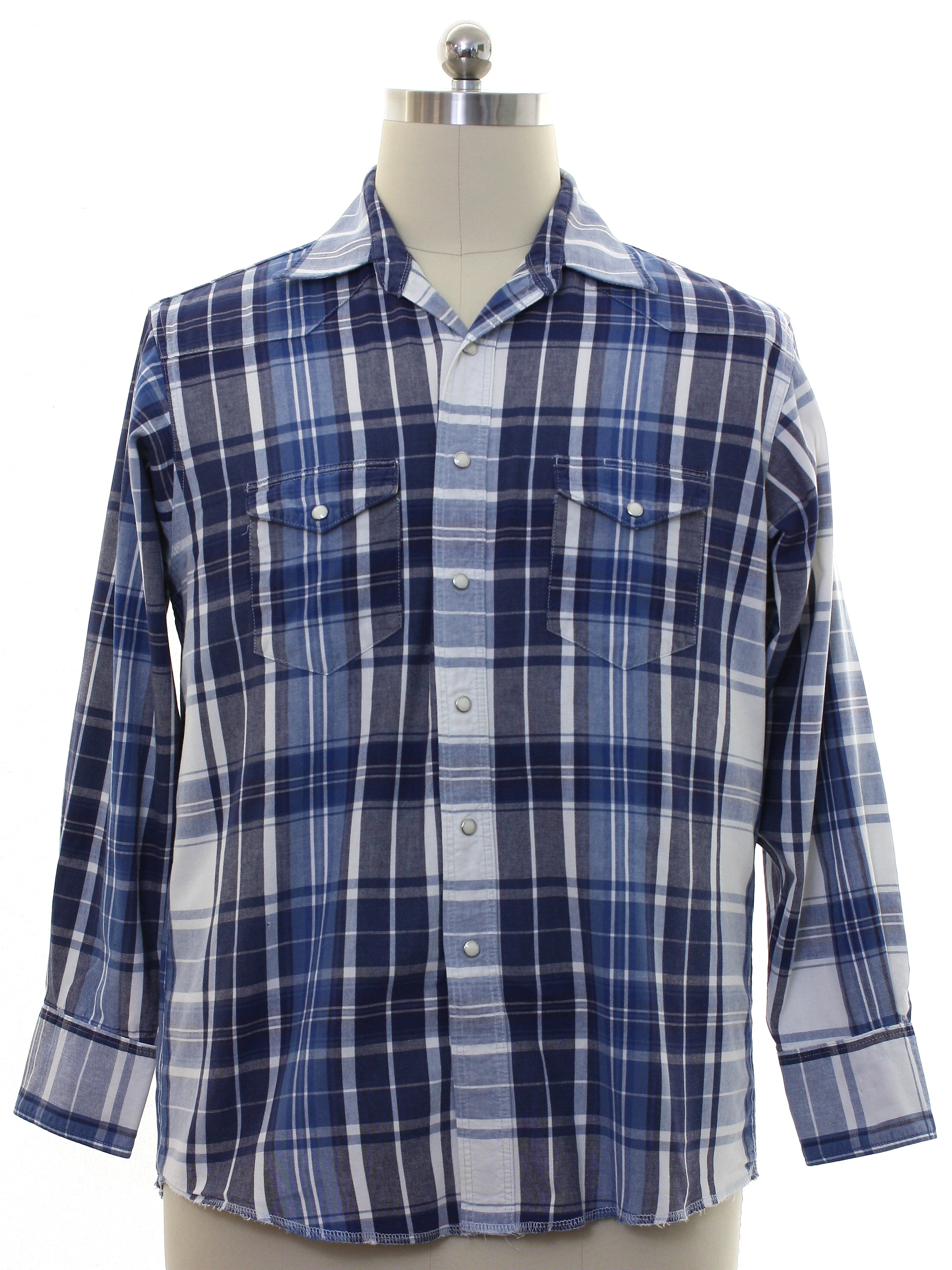 Western Shirt: 90s -Wrangler- Mens shades of blue and white plaid ...