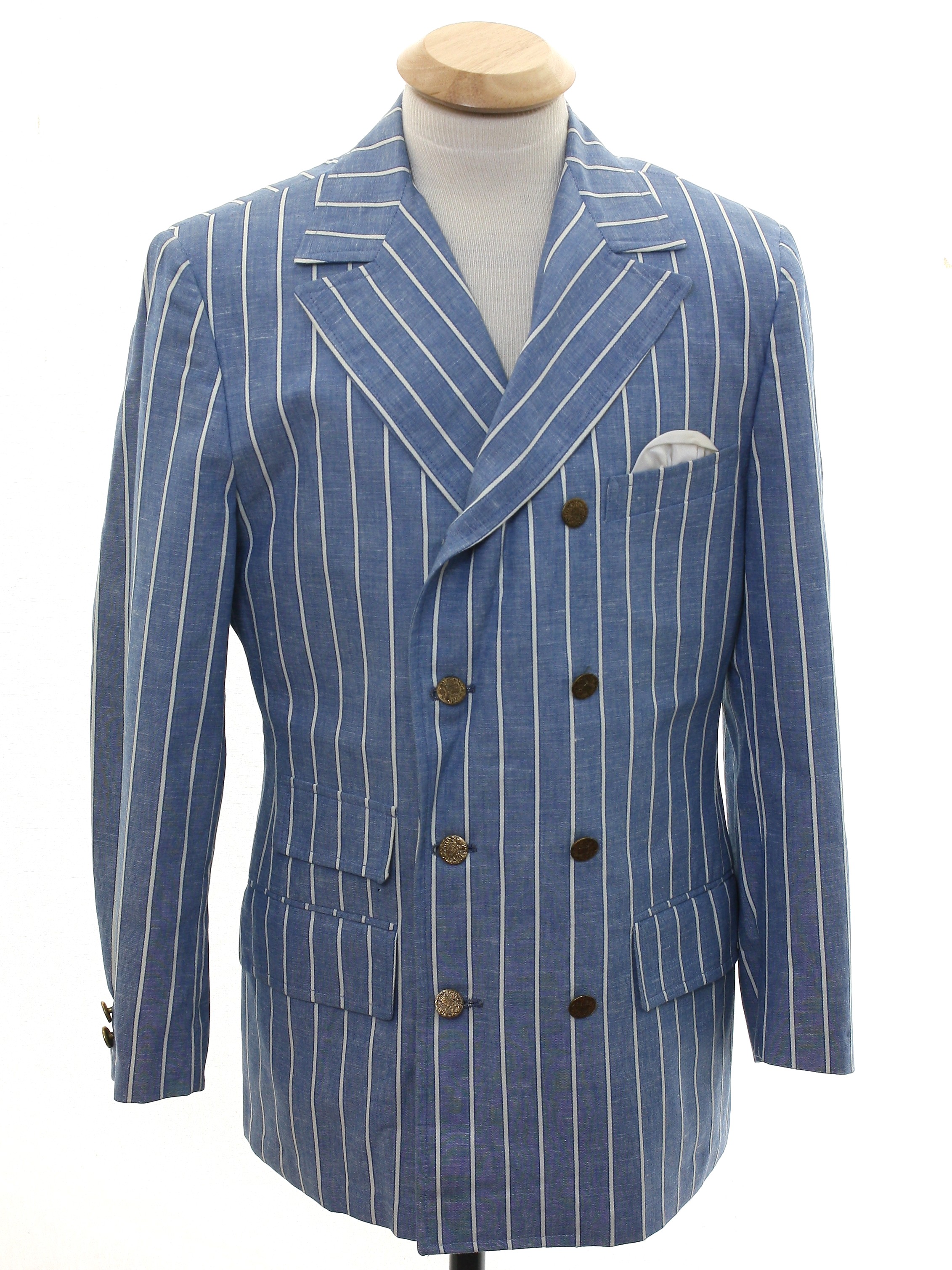 Seventies Chess King Jacket Late 70s Chess King Mens hazy blue and white cottonlongsleeve double breasted button front suit jacket. In a bold thread woven striped pattern tapered fit single back ven...
