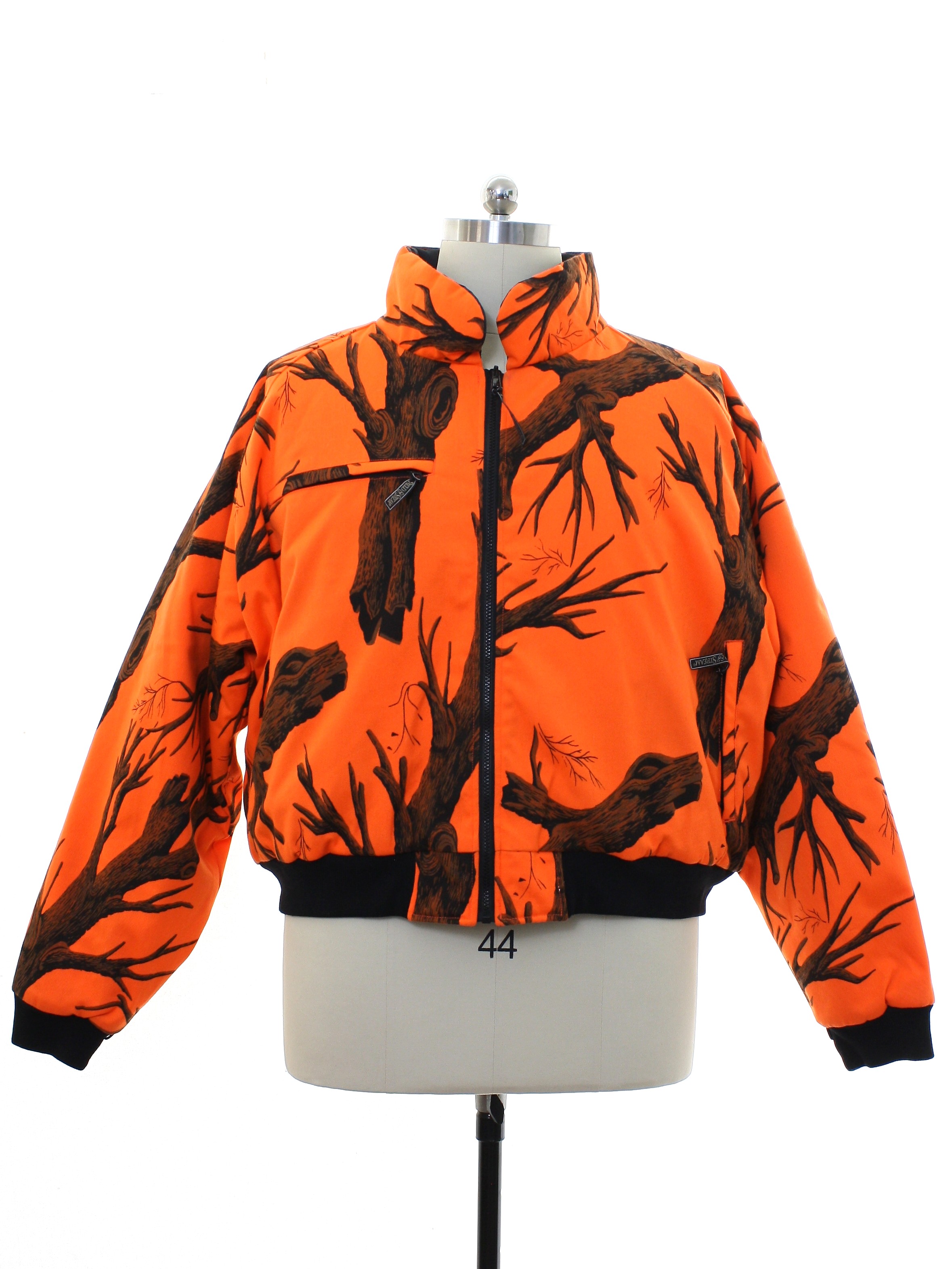 Jacket 90s Early y2k 2000s Field and Stream Mens tall fit neon orange background cotton ribbed knit cuff longsleeve zip front hunting jacket. Bold leafless trees snags and stumps print in