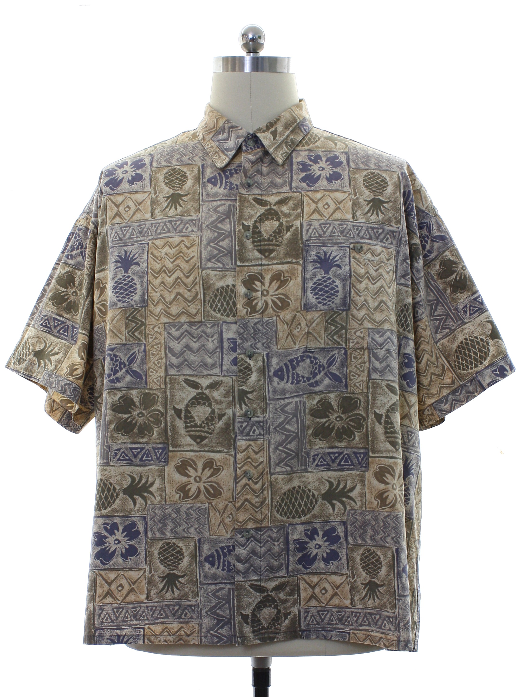 Nineties Vintage Shirt: 90s -Campia Moda- Mens background polyester cotton blend sleeve button up front print sport shirt with tapa cloth, floral, pineapple and fish motifs in shades of