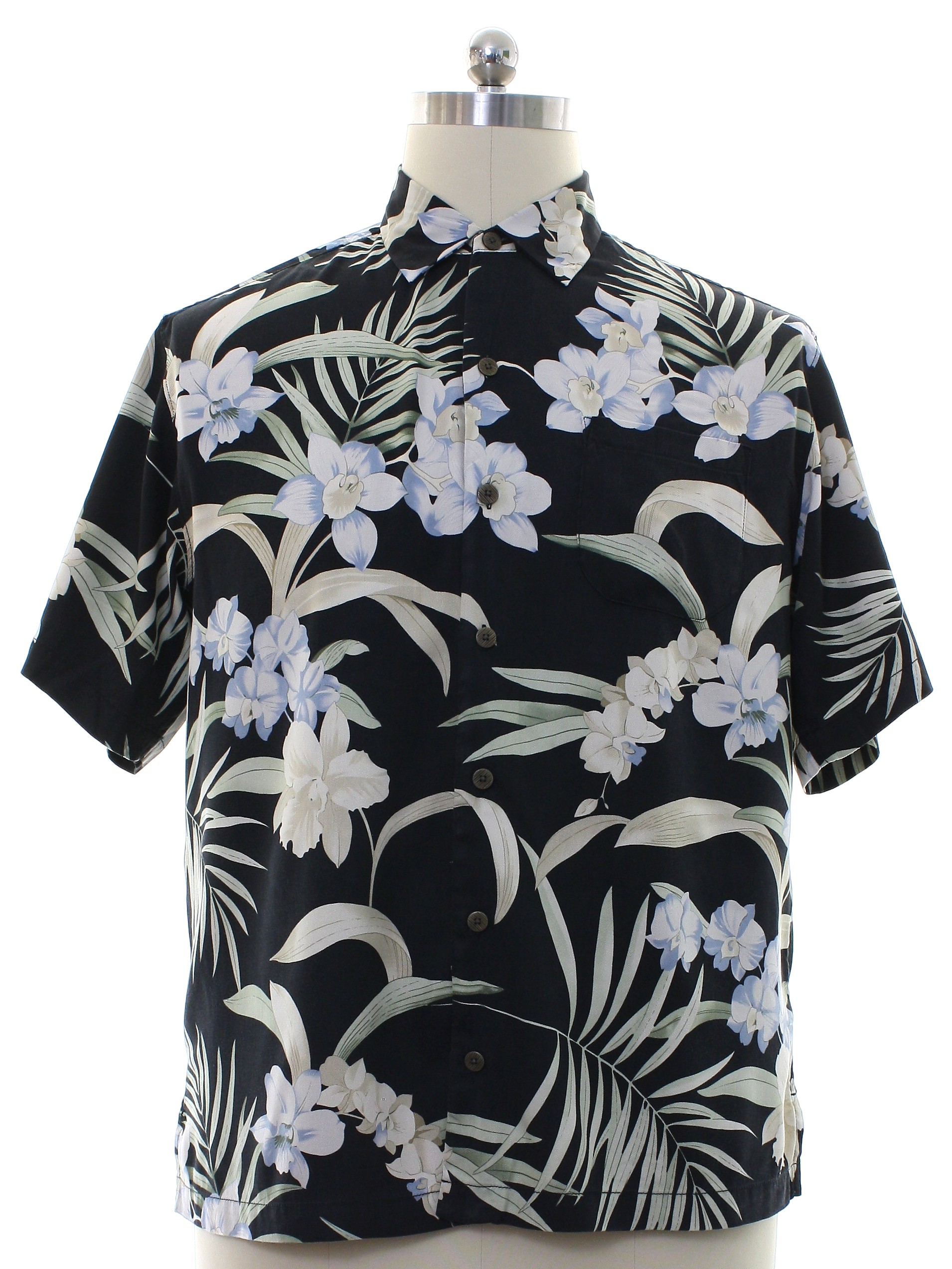 Hawaiian Shirt: 90s -Tommy Bahama- Mens black background silk short ...