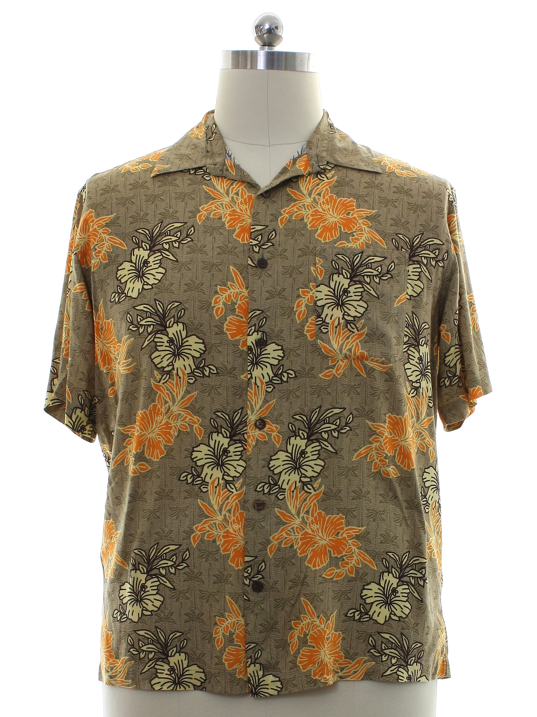 Hawaiian Shirt: 90s -Natural Issue- Mens tan brown background rayon ...
